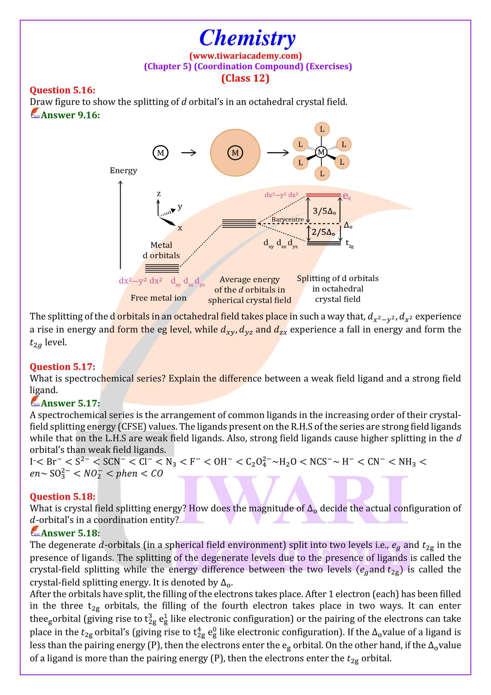 Class 12 Chemistry Chapter 5 Exercises Answers