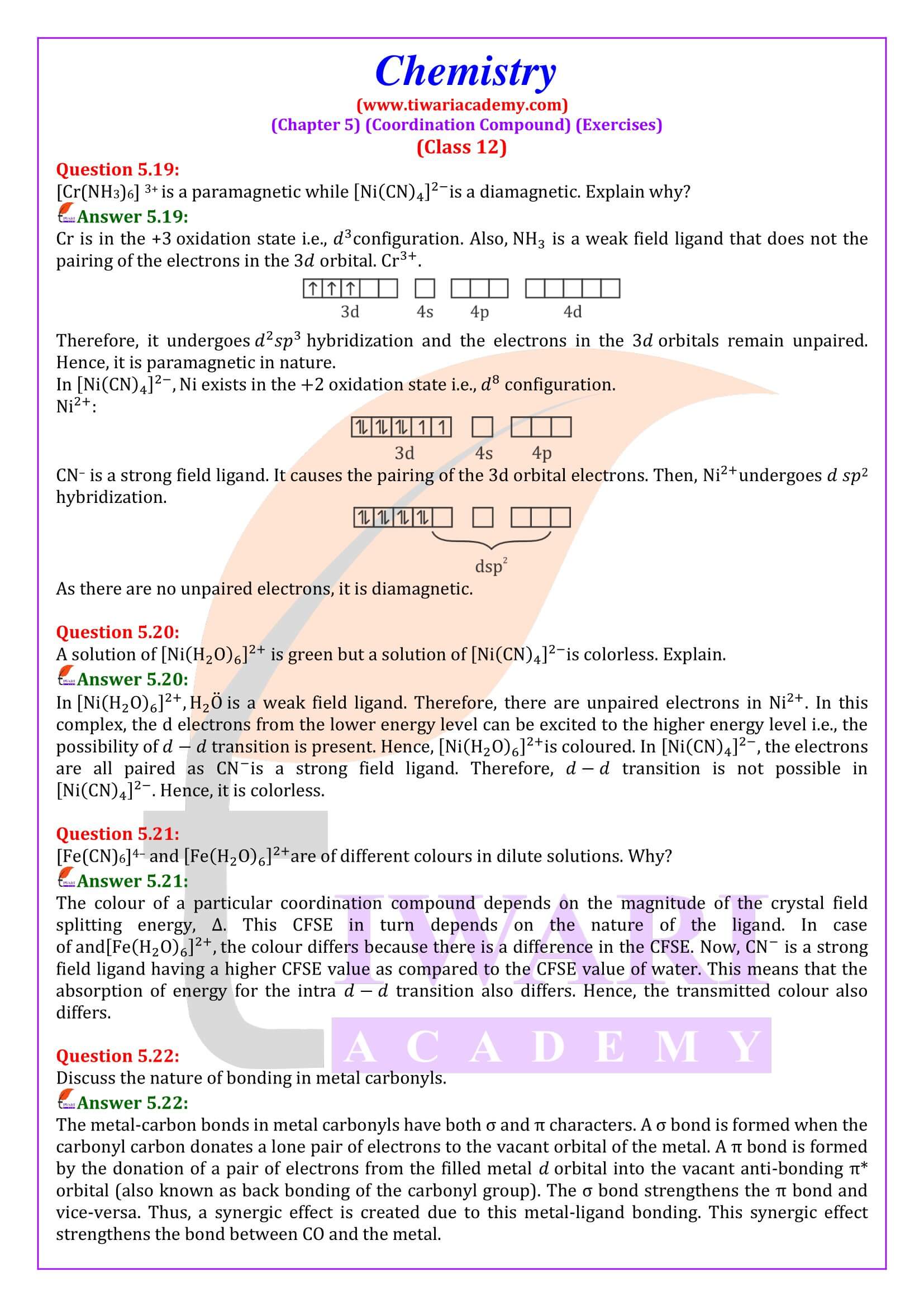 Class 12 Chemistry Chapter 5 Exercises Solutions