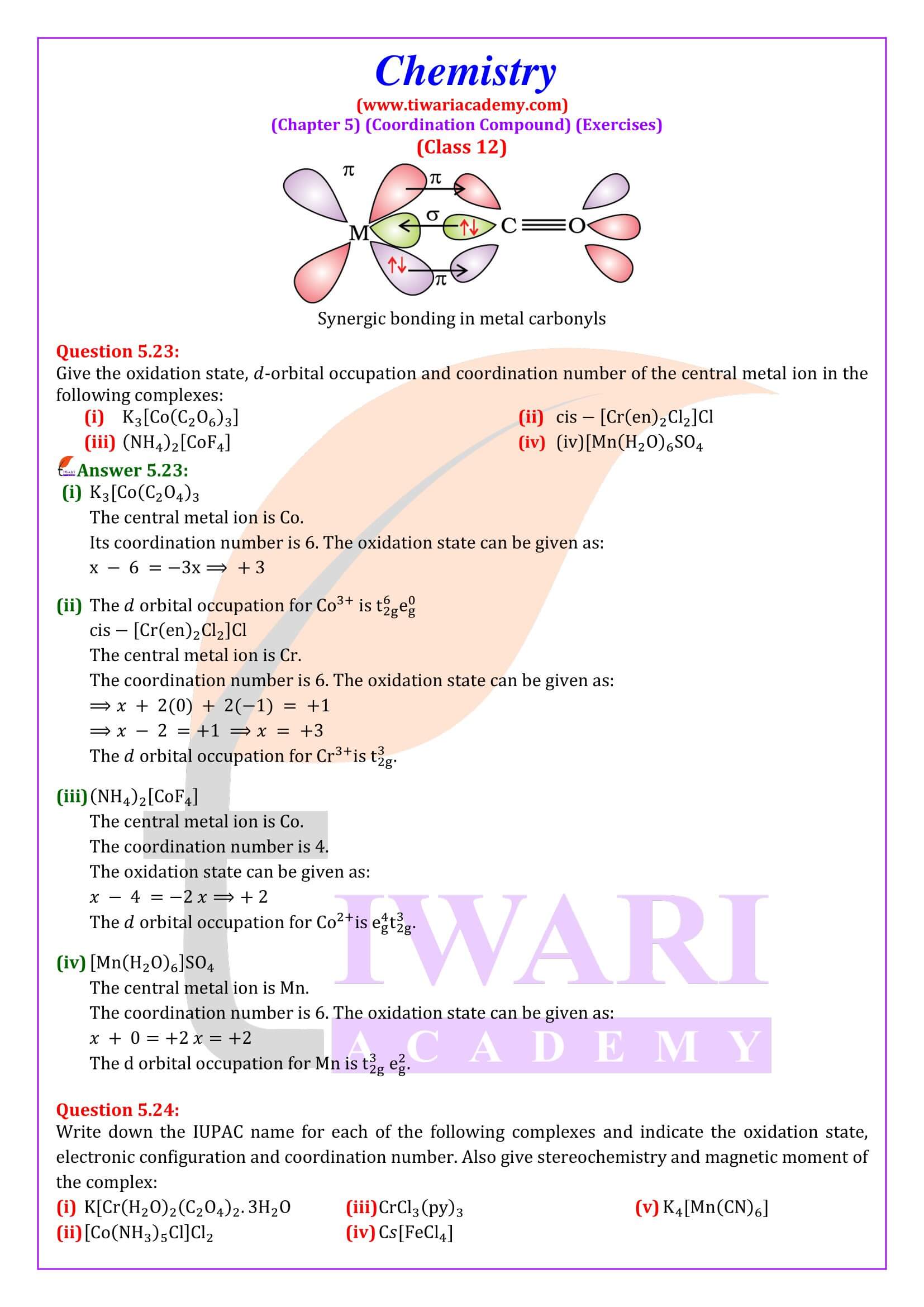 Class 12 Chemistry Chapter 5 Exercises Questioin Answers