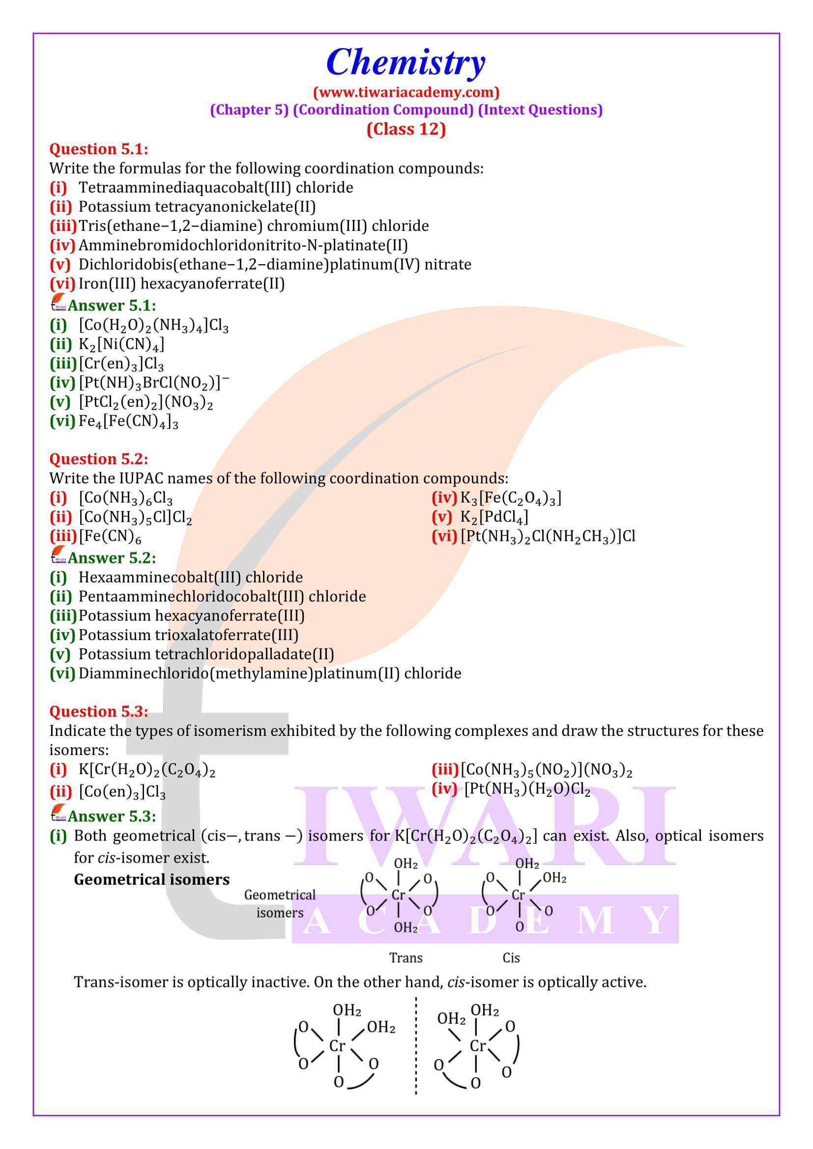 Class 12 Chemistry Chapter 5 Intext
