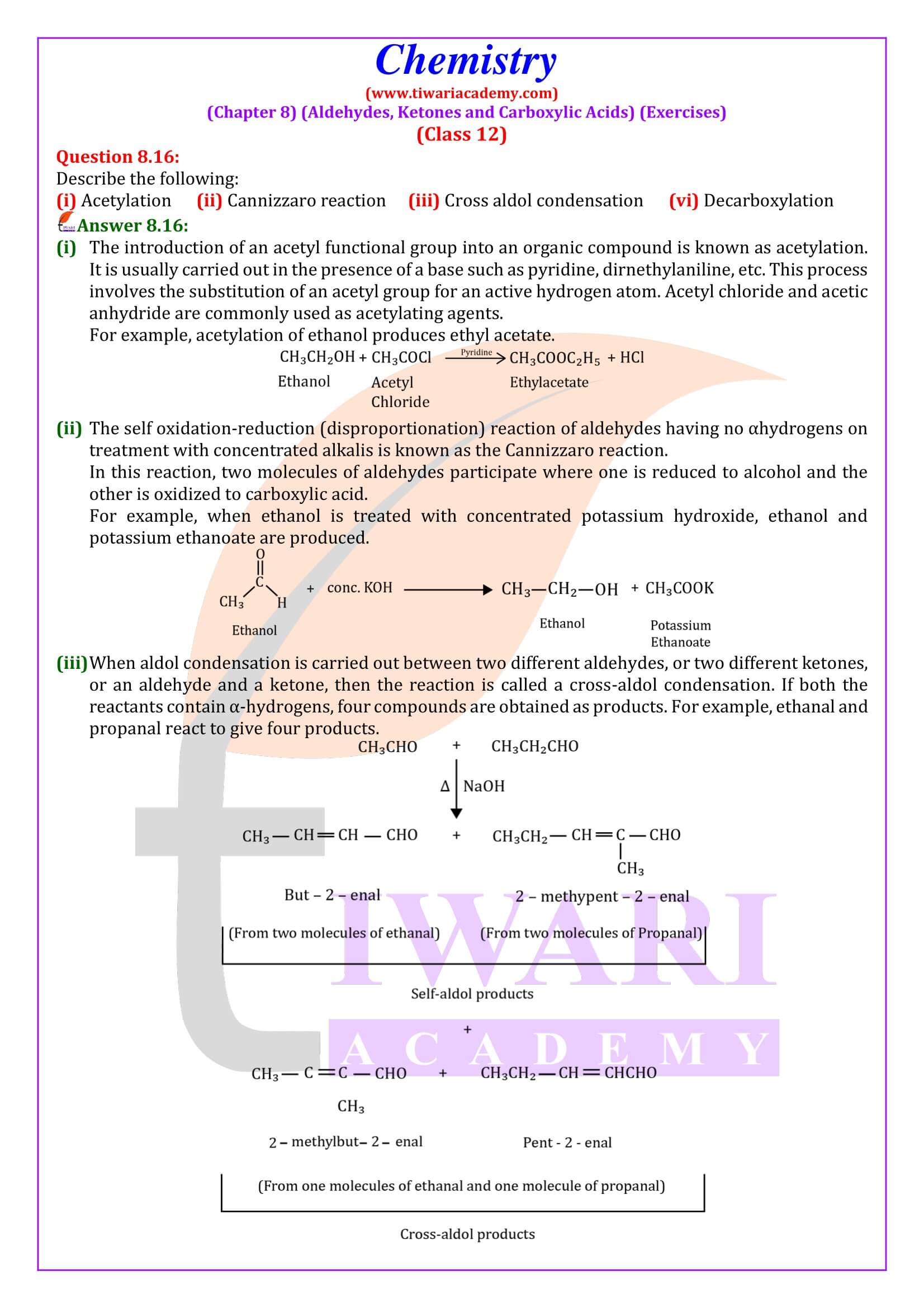 Class 12 Chemistry Chapter 8 Exercise Solutions