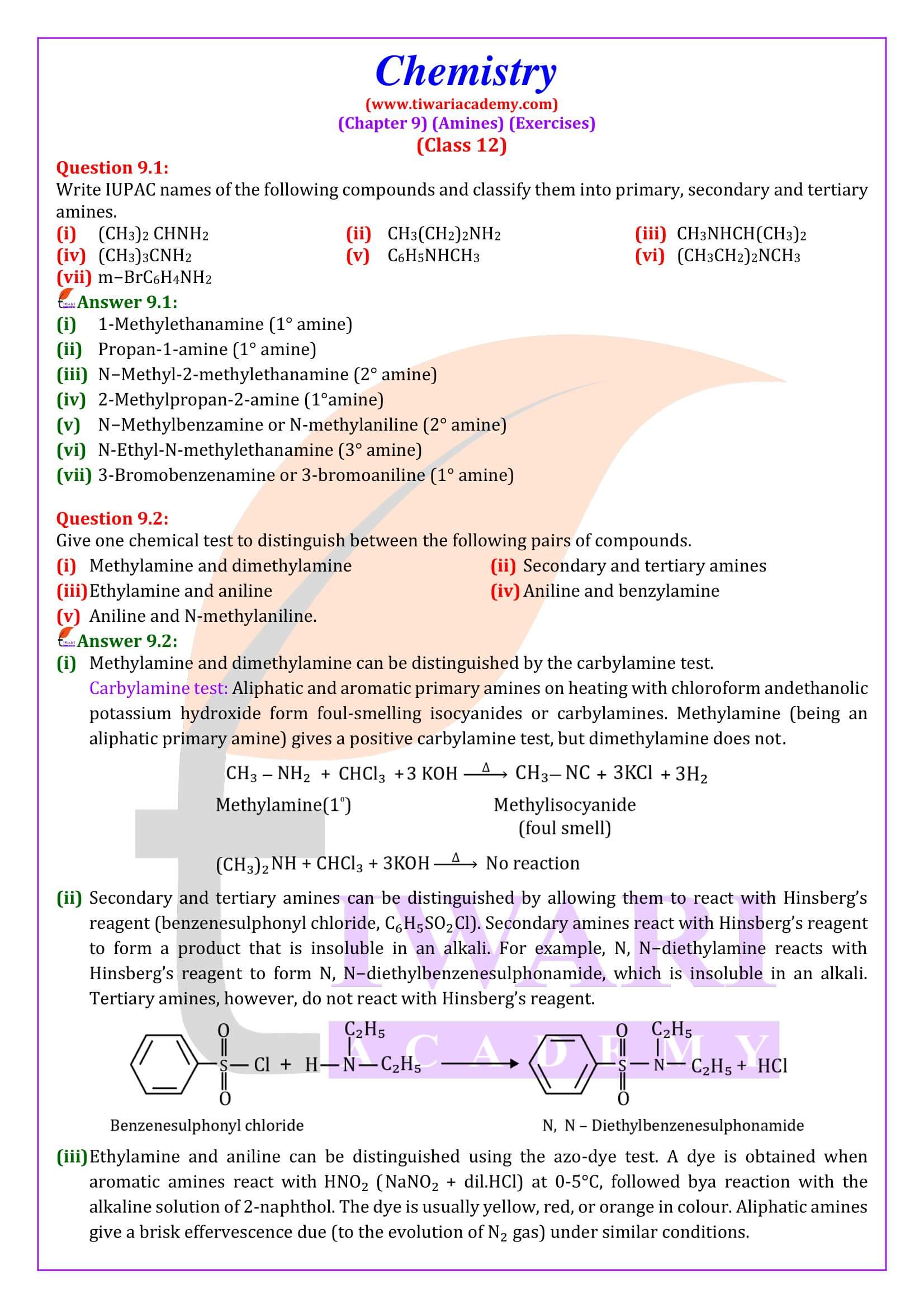 NCERT Solutions for Class 12 Chemistry Chapter 9 Amines