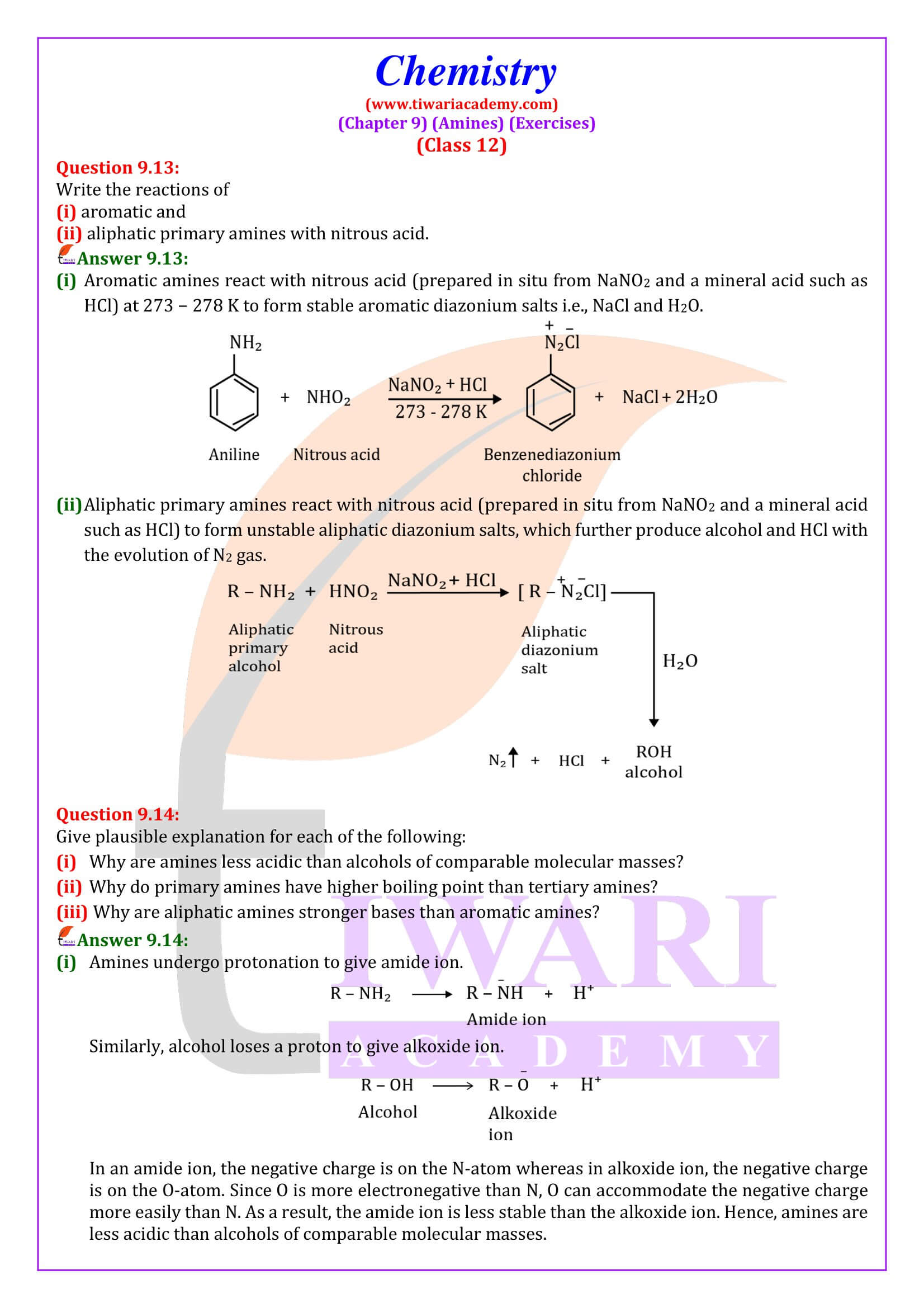 Class 12 Chemistry Chapter 9 Exercise Answers