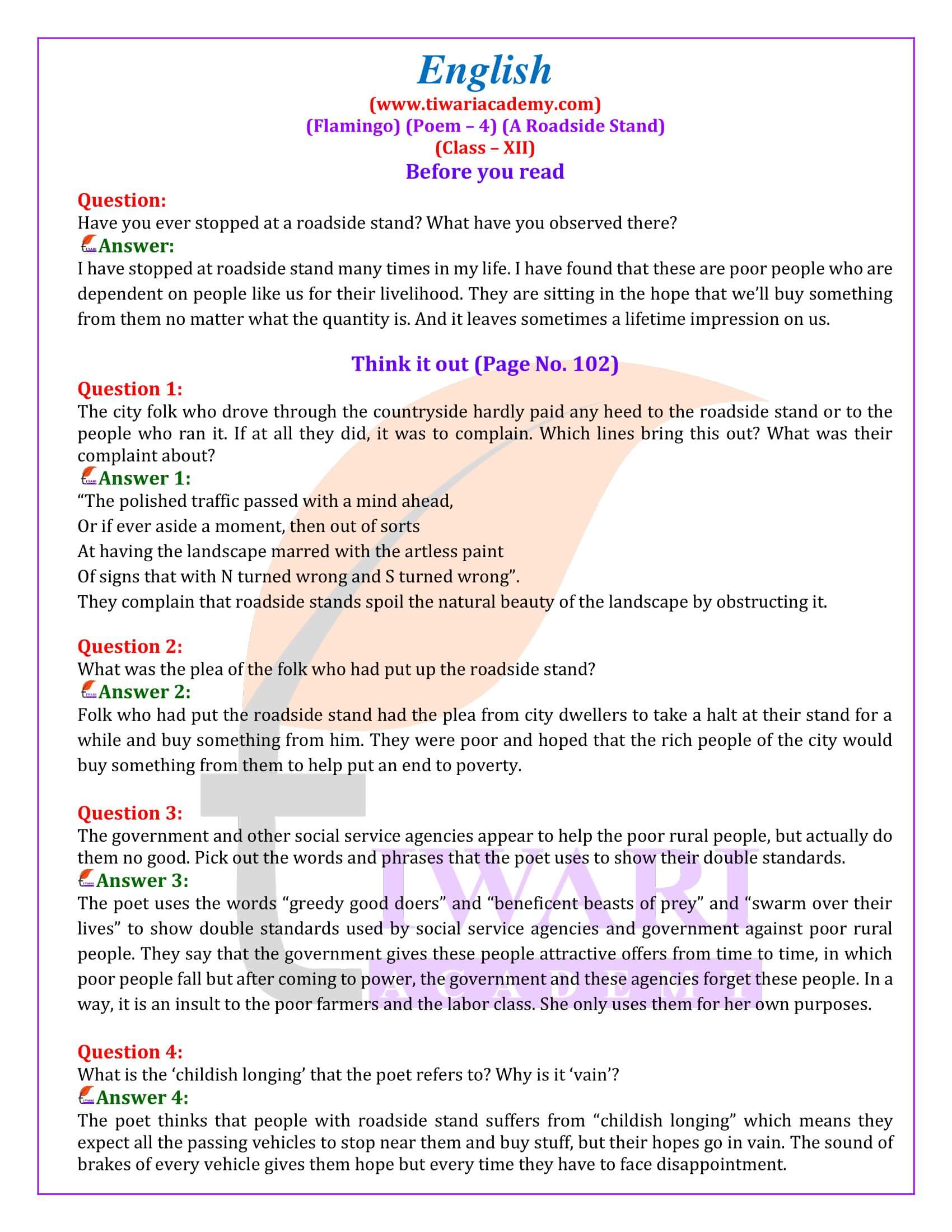 NCERT Solutions for Class 12 English Poem 4