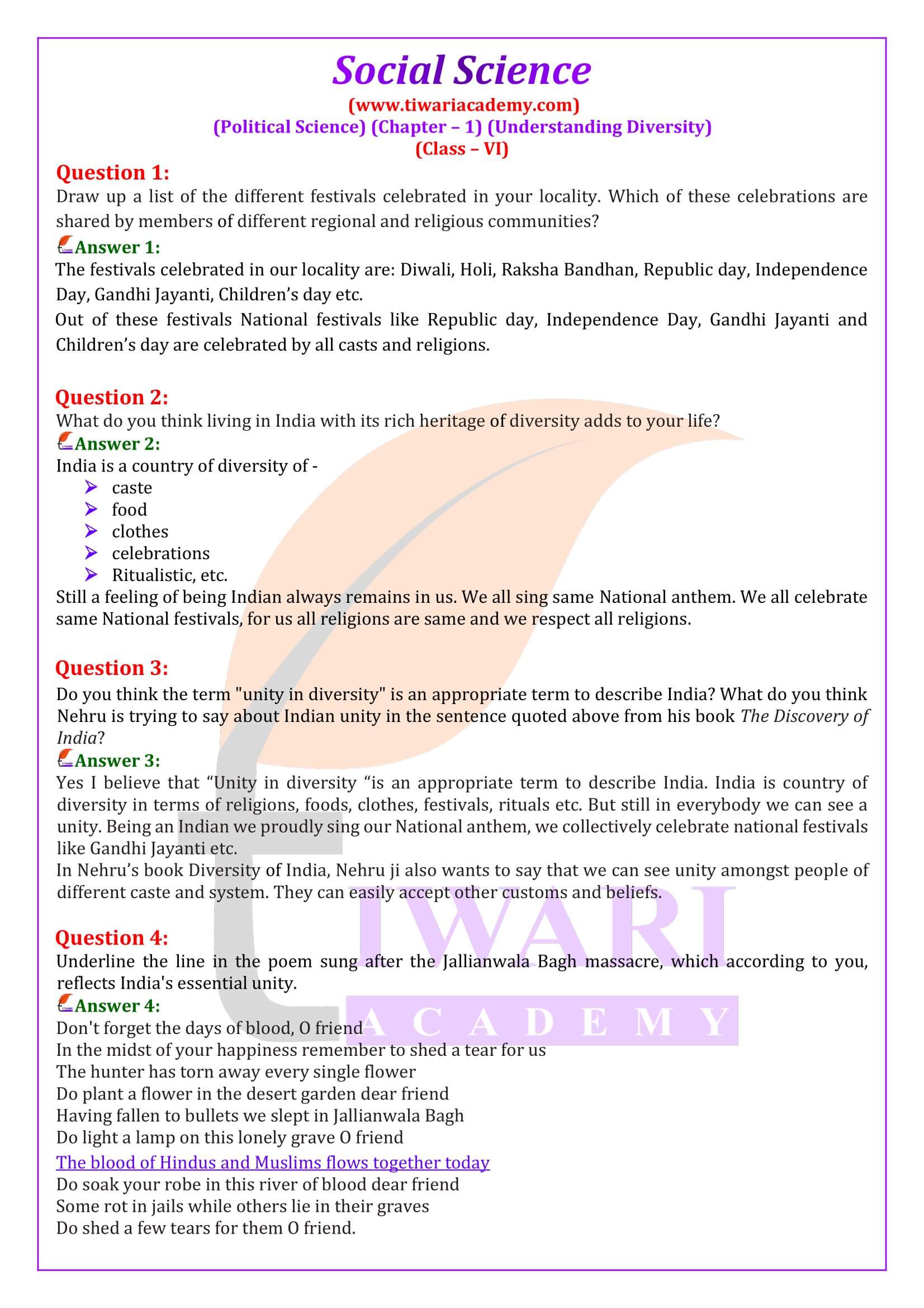 Class 6 Civics Chapter 1. Understanding Diversity