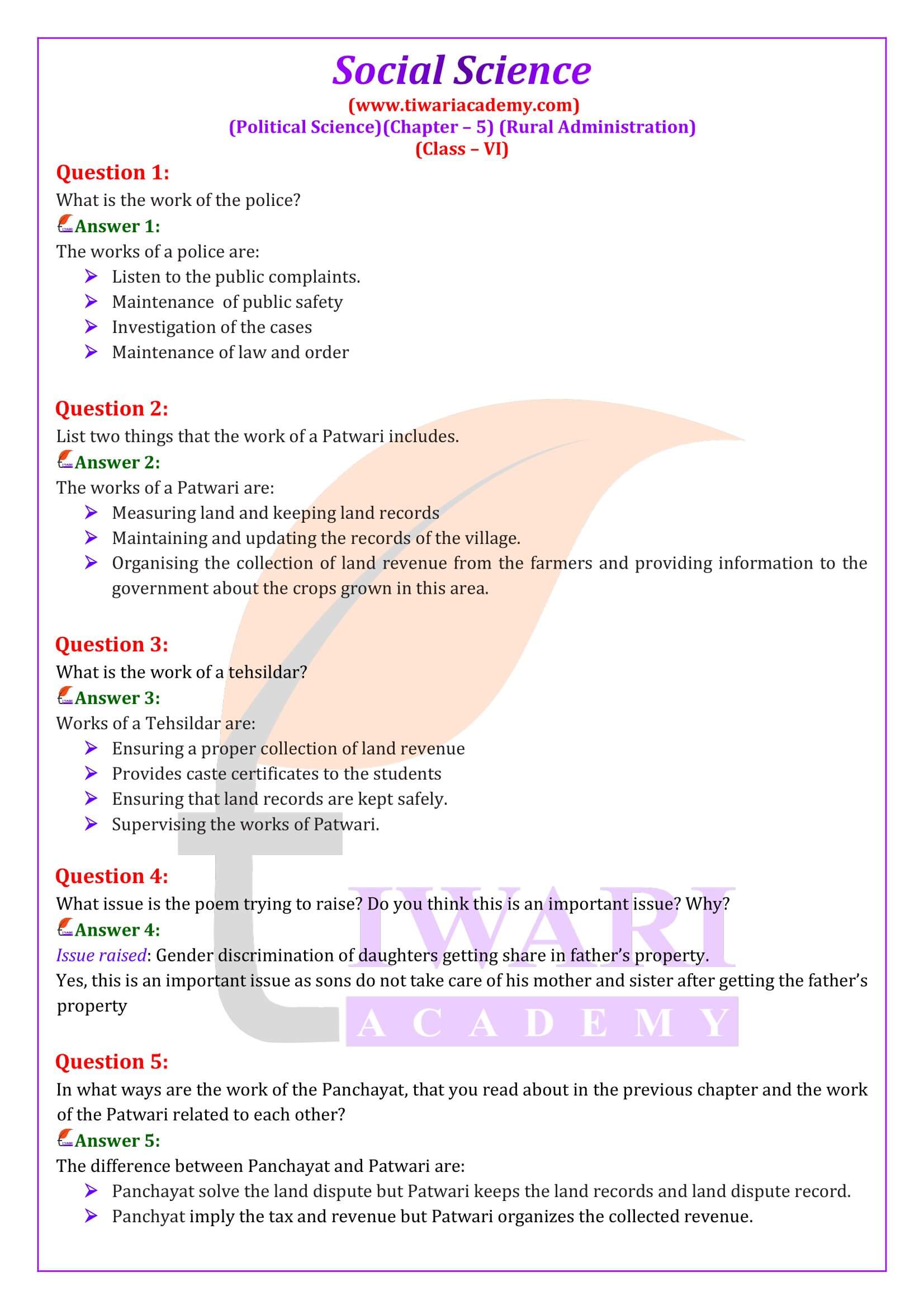 Class 6 Civics Chapter 5. Rural Administration