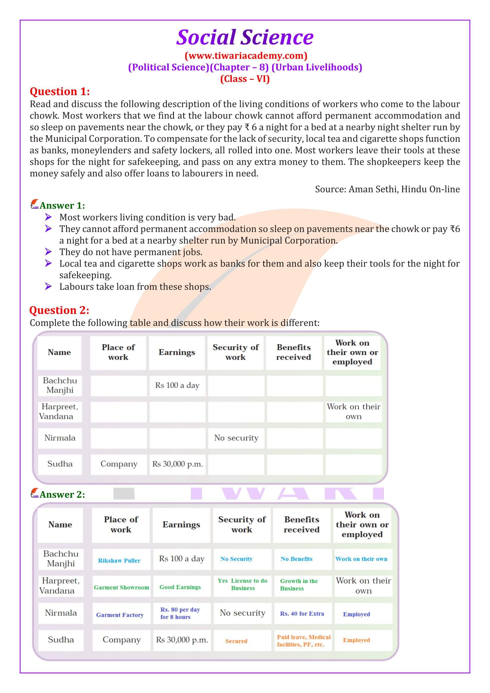 Class 6 Civics Chapter 8. Urban Livelihoods