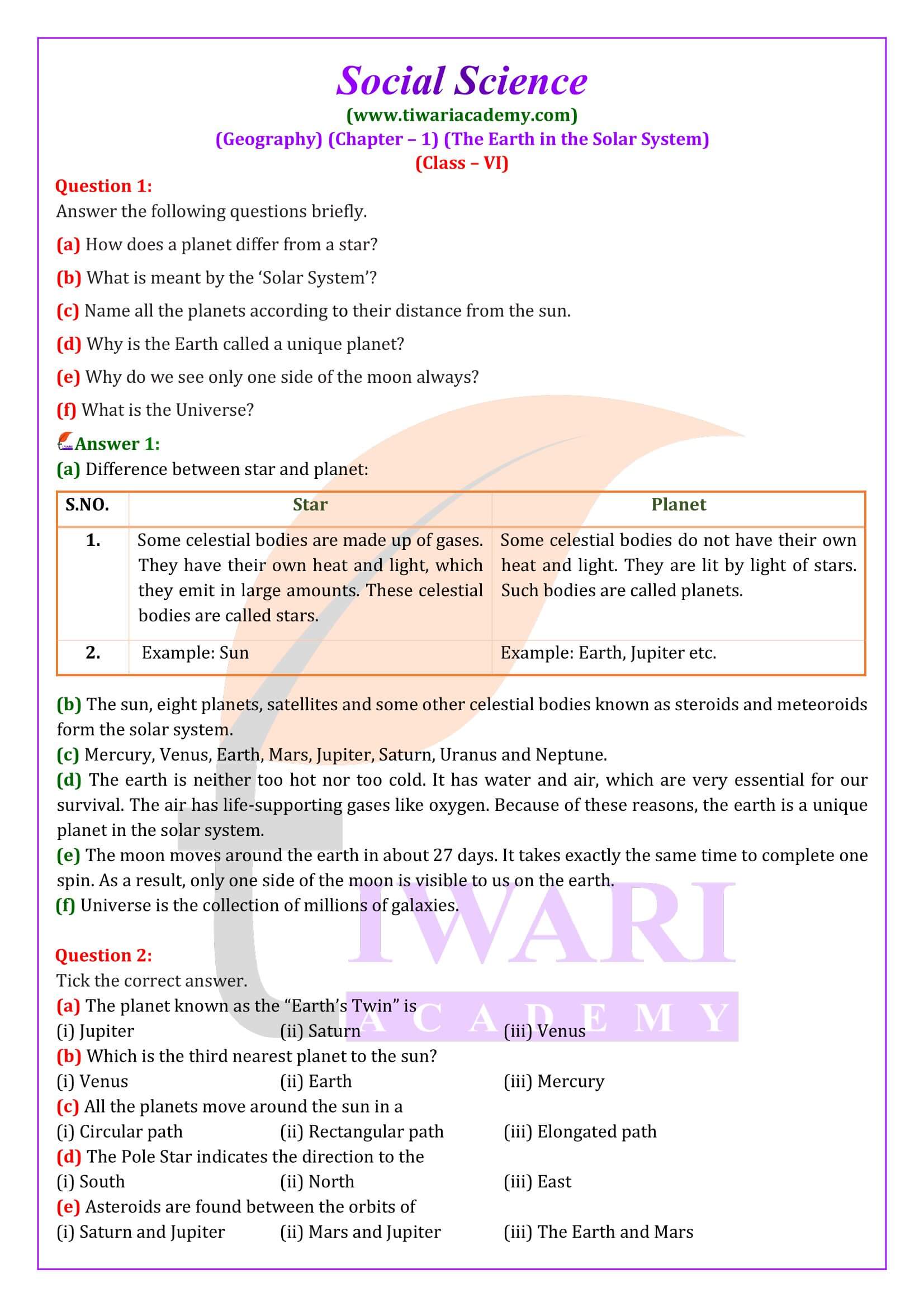 Class 6 Geography Chapter 1. The Earth in the Solar System