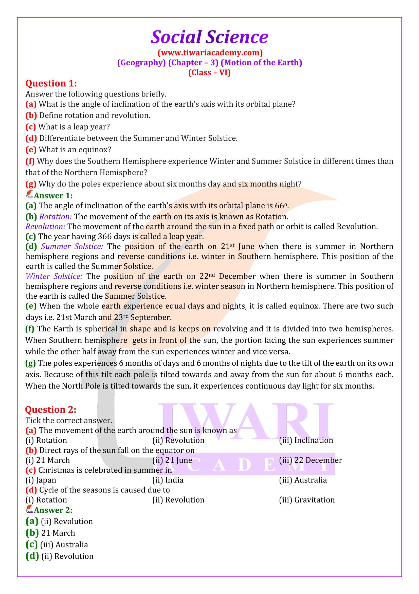 Class 6 Geography Chapter 3. Motions of the Earth