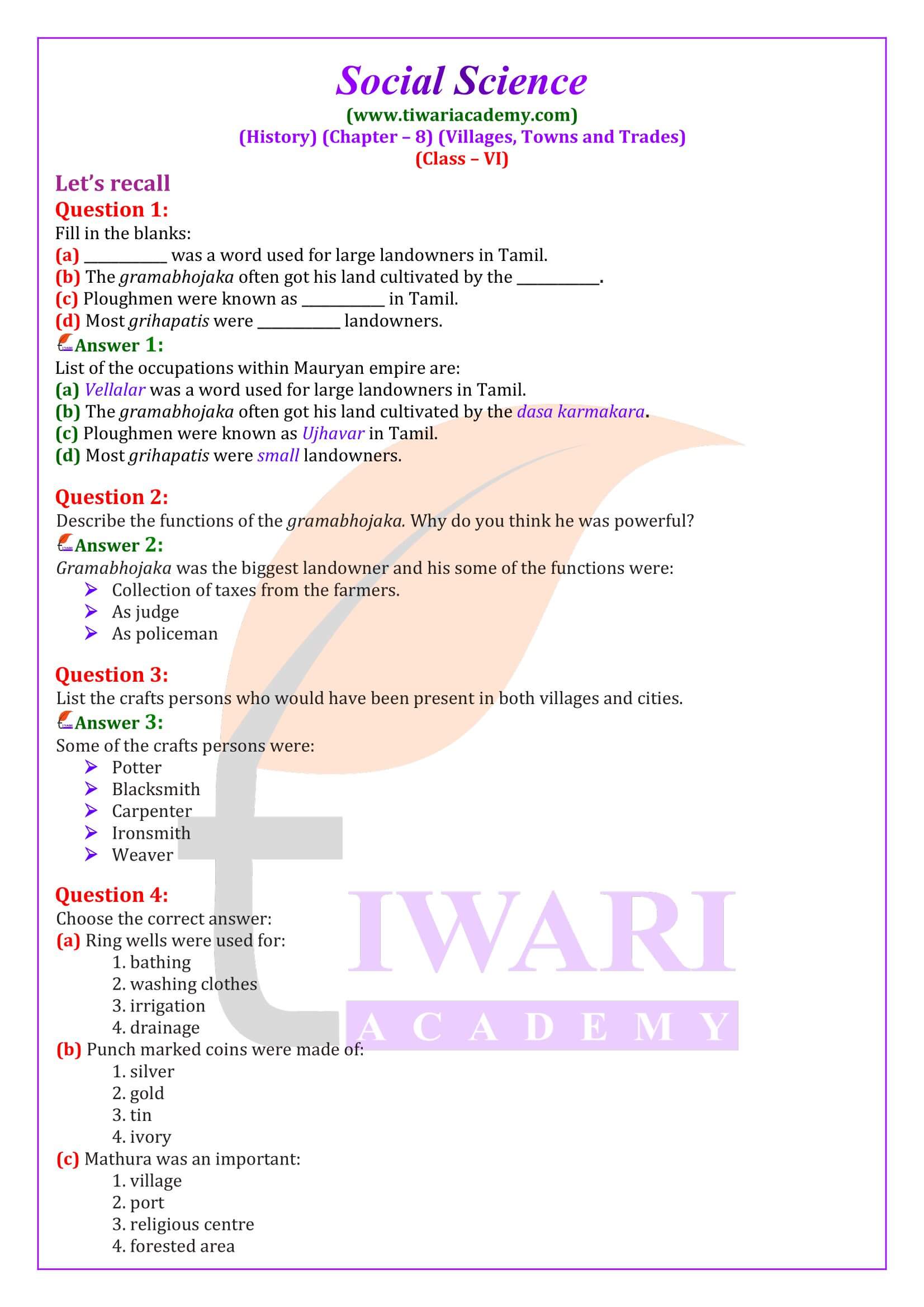 Class 6 History Chapter 8. Villages, Towns and Trades