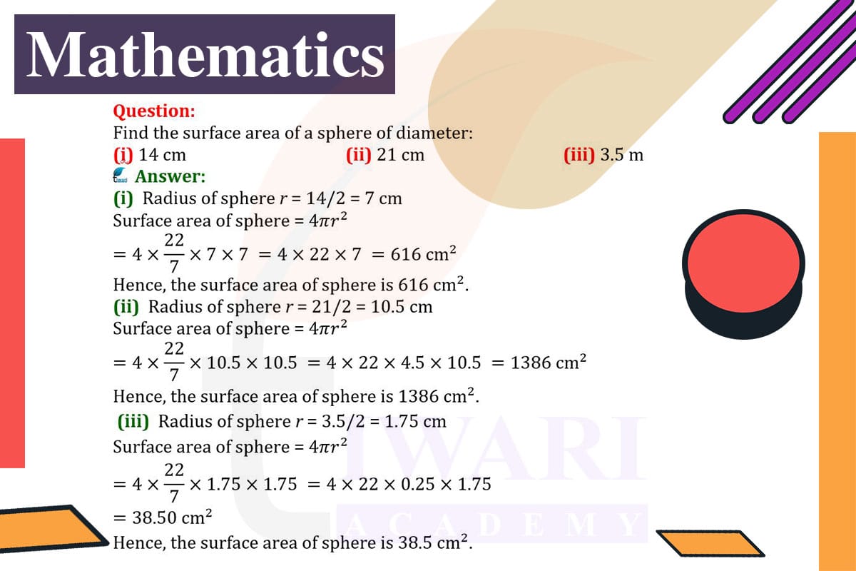 Find the surface area of a sphere of diameter: (i) 14 cm (ii) 21 cm (iii) 3.5 m