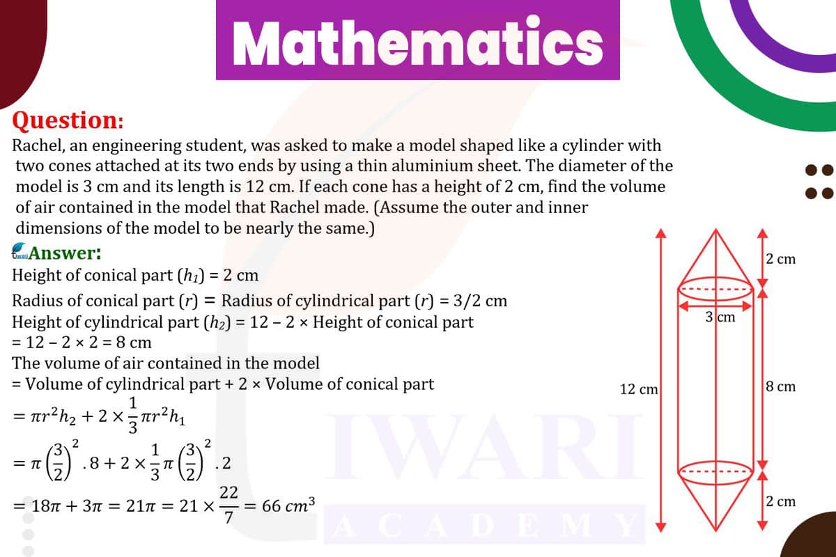 Rachel, an engineering student, was asked to make a model shaped like a cylinder with two cones attached at its two ends by using a thin aluminium sheet. The diameter of the model is 3 cm and its length is 12 cm. If each cone has a height of 2 cm, find the volume of air contained in the model.