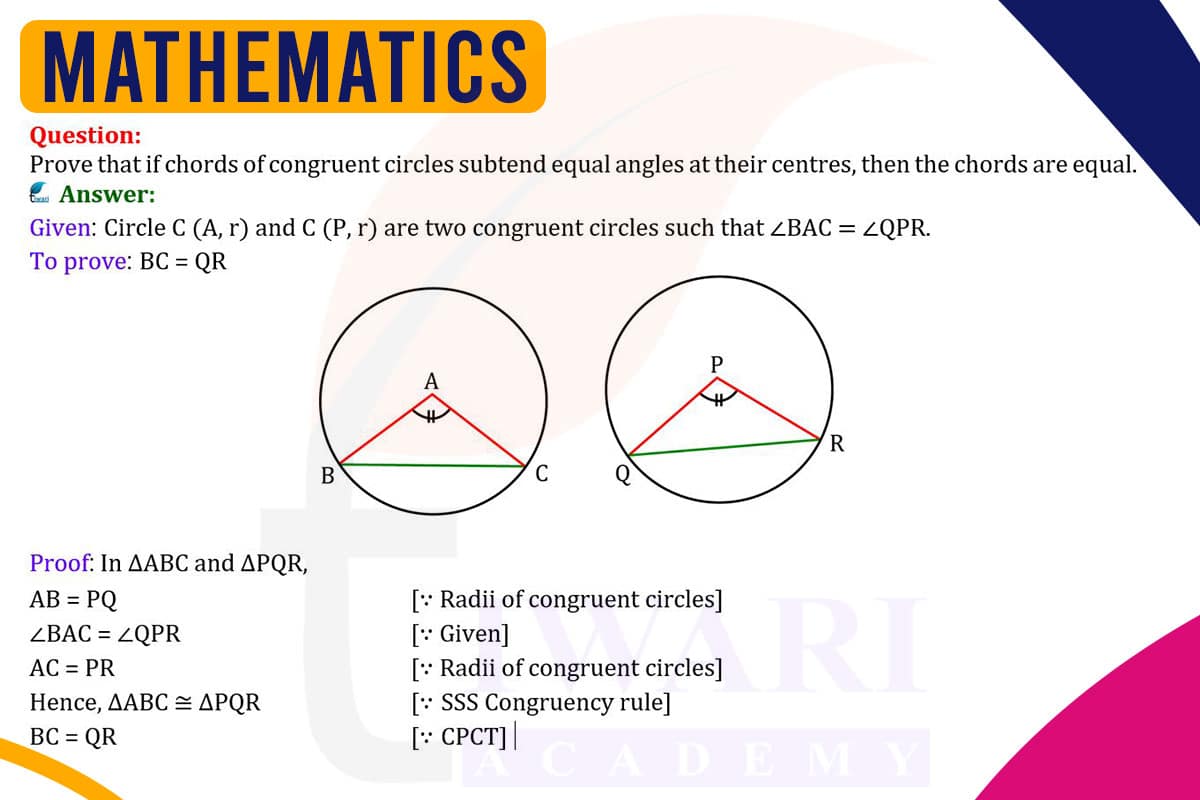 Prove that if chords of congruent circles subtend equal angles at their centres, then the chords