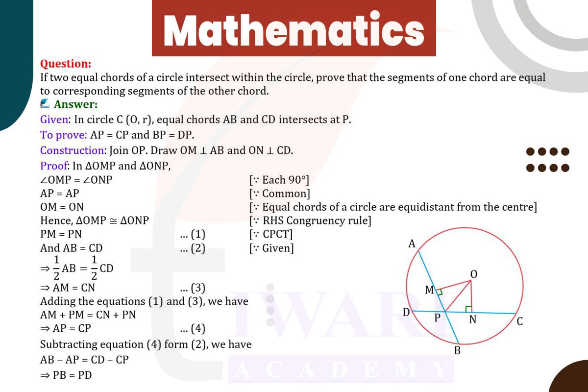 If two equal chords of a circle intersect within the circle, prove that the segments of one chord are equal to corresponding segments.