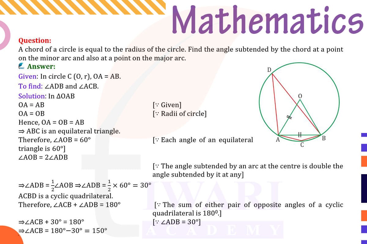 A chord of a circle is equal to the radius of the circle. Find the angle subtended by the chord at a point on the minor arc and also at a point