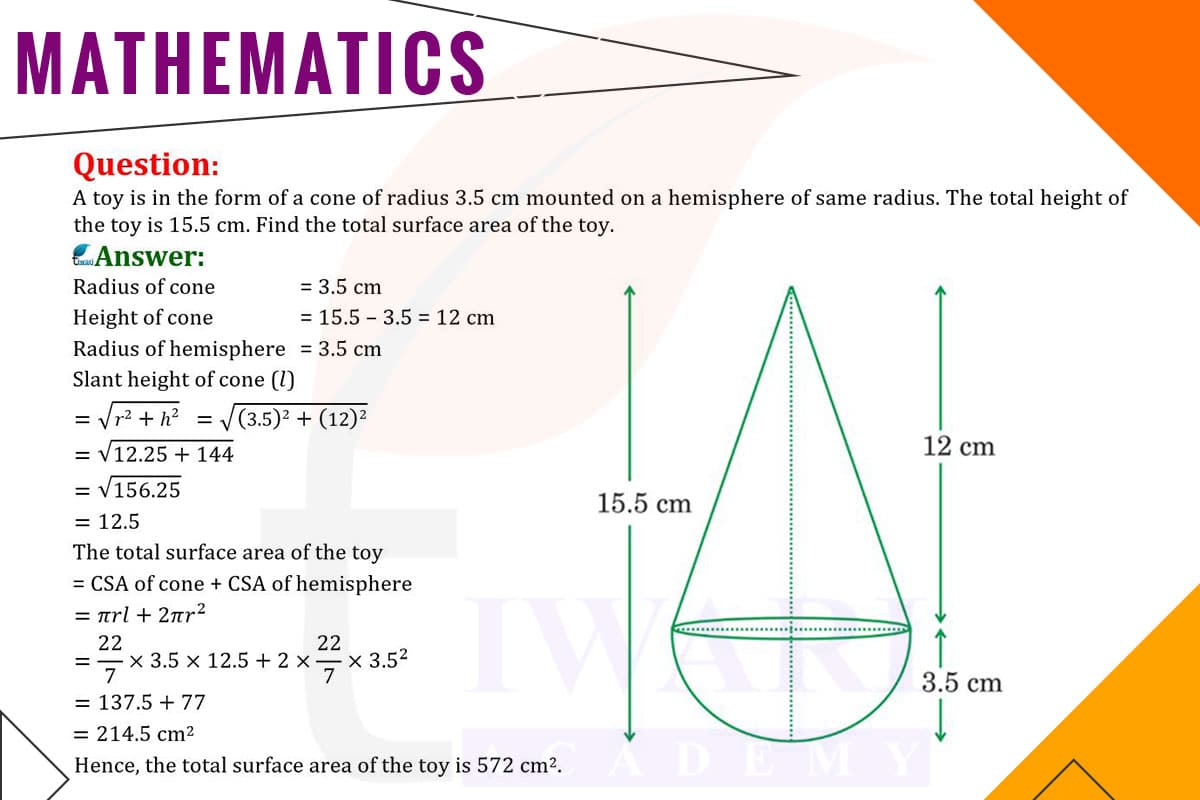 A toy is in the form of a cone of radius 3.5 cm mounted on a hemisphere of same radius. The total height of the toy is 15.5 cm. Find the total surface area.