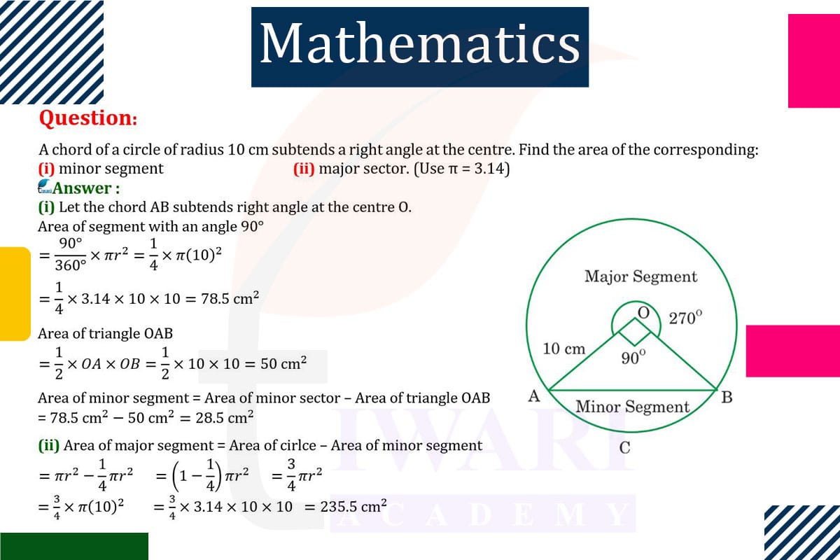 A chord of a circle of radius 10 cm subtends a right angle at the centre. Find the area of the corresponding (i) minor segment (ii) major sector.