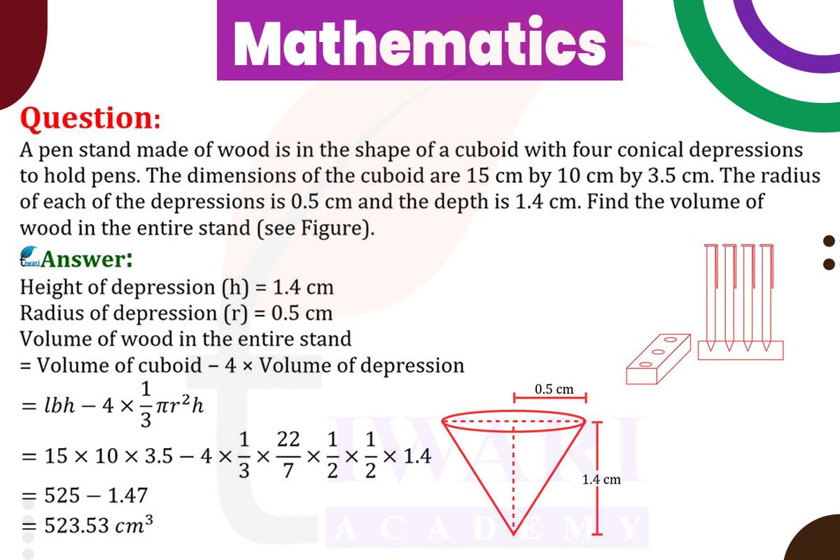 A pen stand made of wood is in the shape of a cuboid with four conical depressions to hold pens. The dimensions of the cuboid are 15 cm by 10 cm by 3.5 cm. The radius of each of the depressions is 0.5 cm and the depth is 1.4 cm. Find the volume of wood.