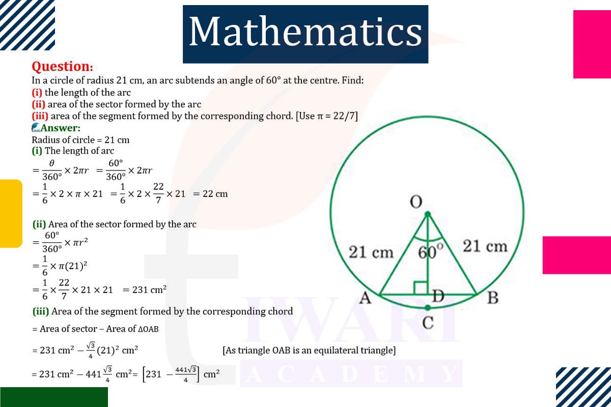 In a circle of radius 21 cm, an arc subtends an angle of 60° at the centre. Find: (i) the length of the arc (ii) area of the sector formed by the arc (iii) area of the segment formed.