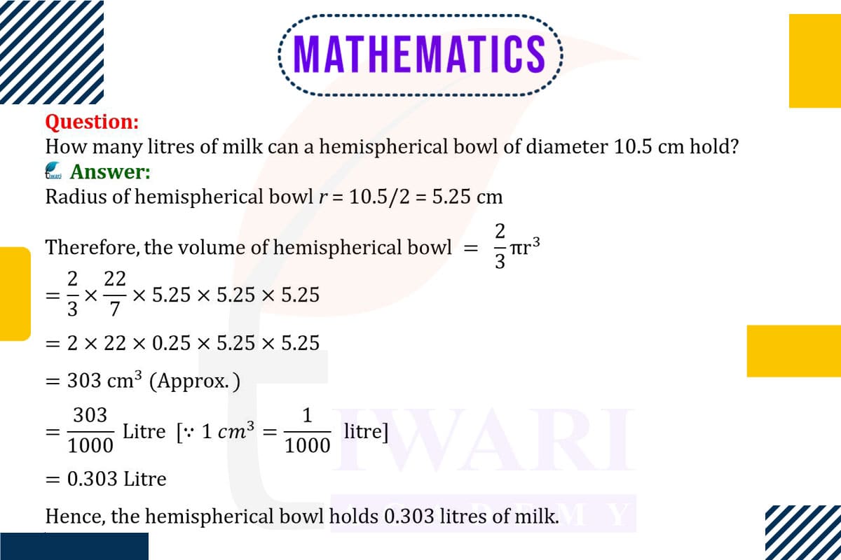 How many litres of milk can a hemispherical bowl of diameter 10.5 hold?