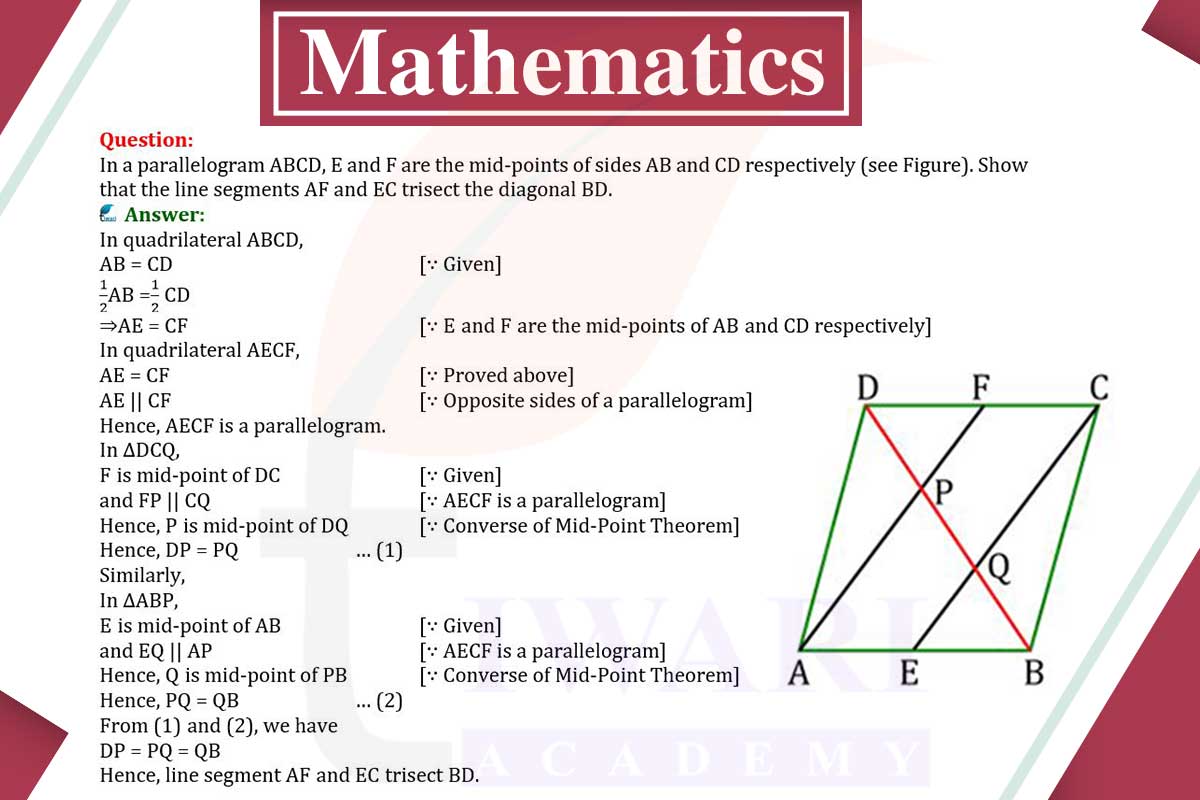 In a parallelogram ABCD, E and F are the mid-points of sides AB and CD respectively. Show that the line segments AF and EC trisect BD.