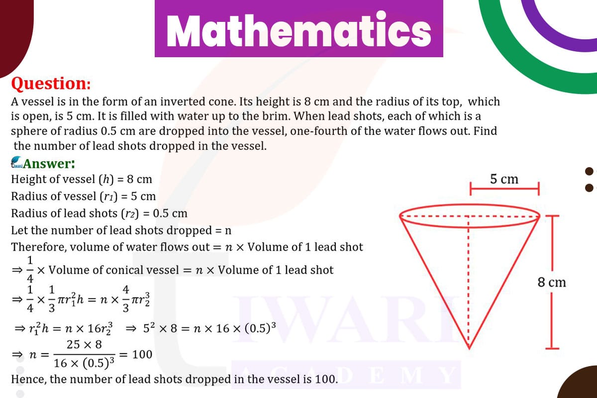A vessel is in the form of an inverted cone. Its height is 8 cm and the radius of its top, which is open, is 5 cm. It is filled with water up to the brim. When lead shots, each of which is a sphere of radius 0.5 cm are dropped into the vessel, one-fourth of the water flows out. Find the number of lead shots dropped.
