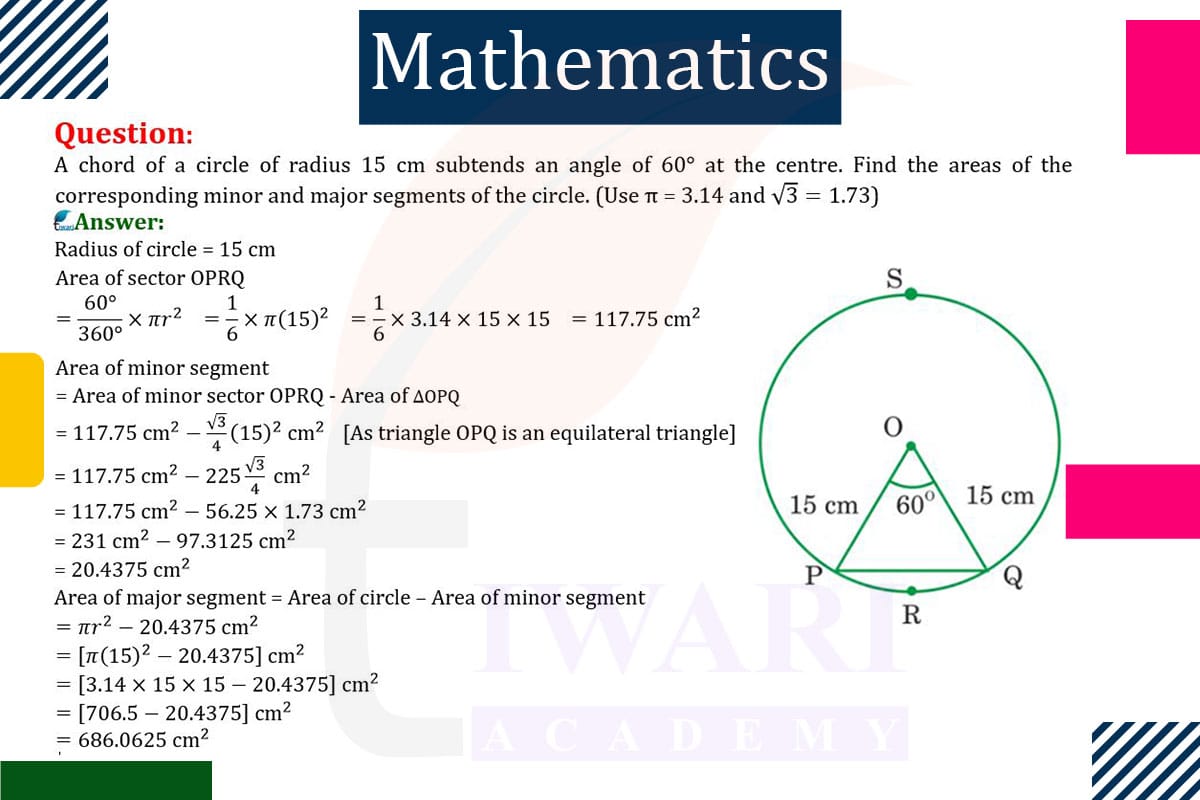 A chord of a circle of radius 15 cm subtends an angle of 60° at the centre. Find the areas of the corresponding minor and major segments of the circle.