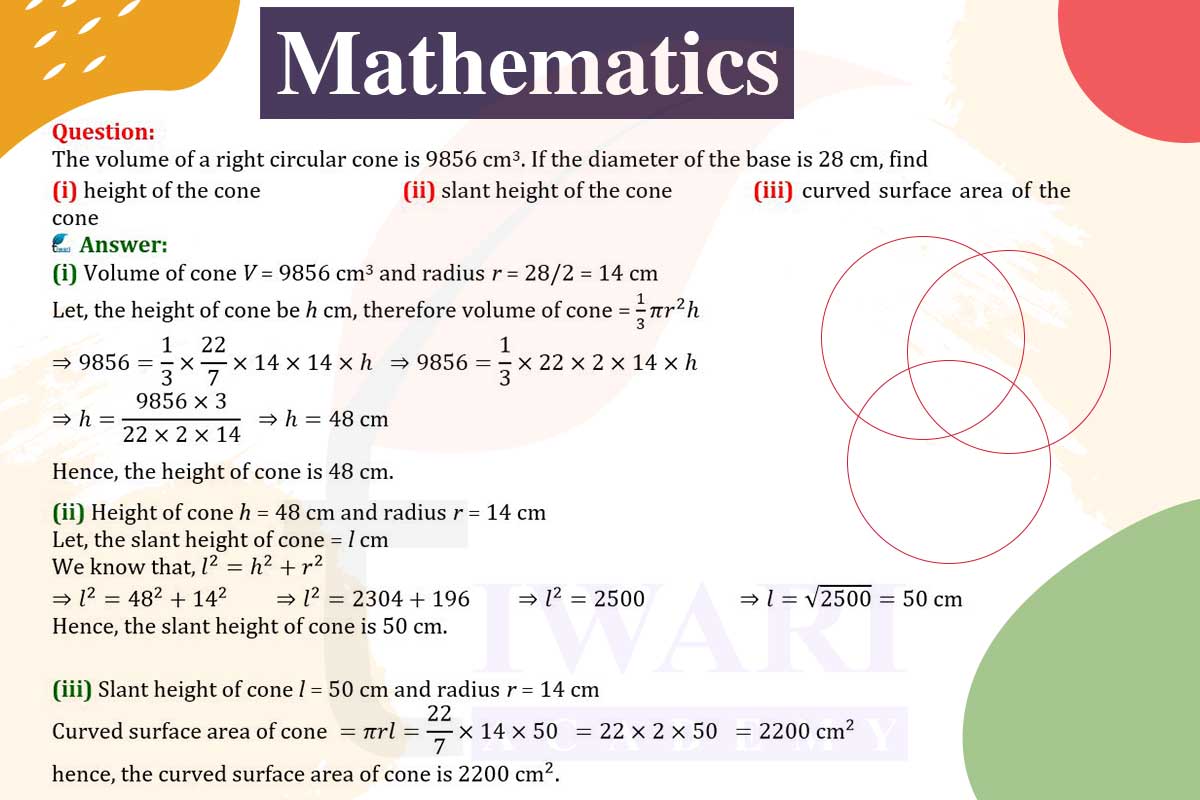 The volume of a right circular cone is 9856 cm³. If the diameter of the base is 28 cm, find (i) height of the cone (ii) slant height of the cone (iii) curved surface area of the cone.