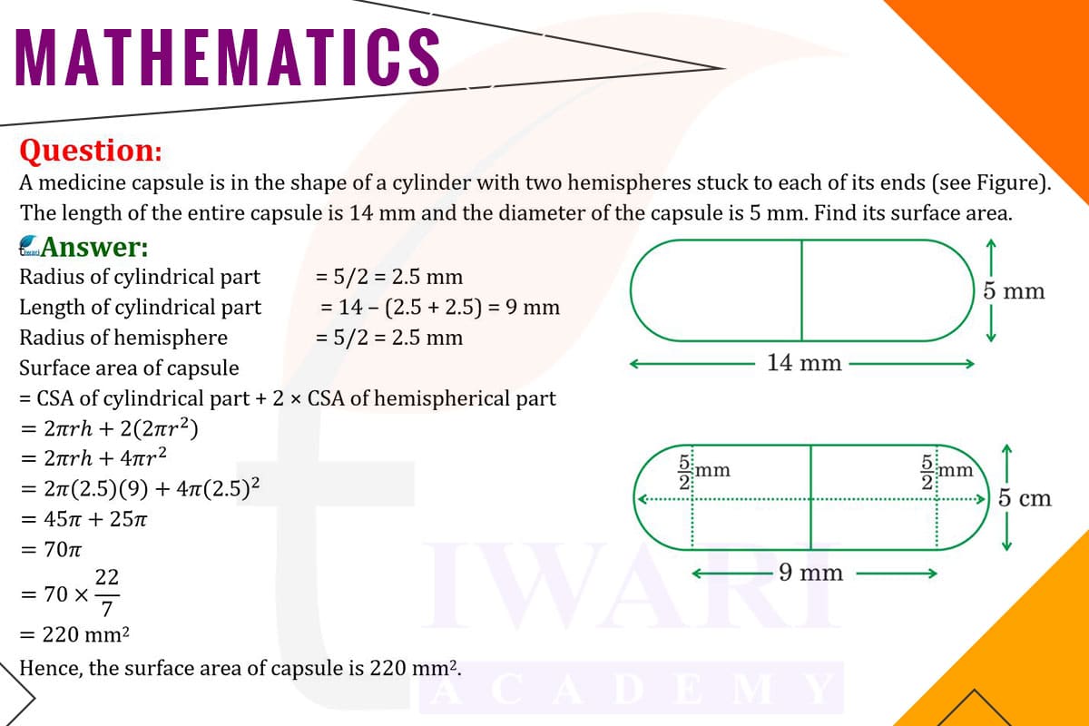 A medicine capsule is in the shape of a cylinder with two hemispheres stuck to each of its ends. The length of the entire capsule is 14 mm and the diameter of the capsule is 5 mm. Find surface area.