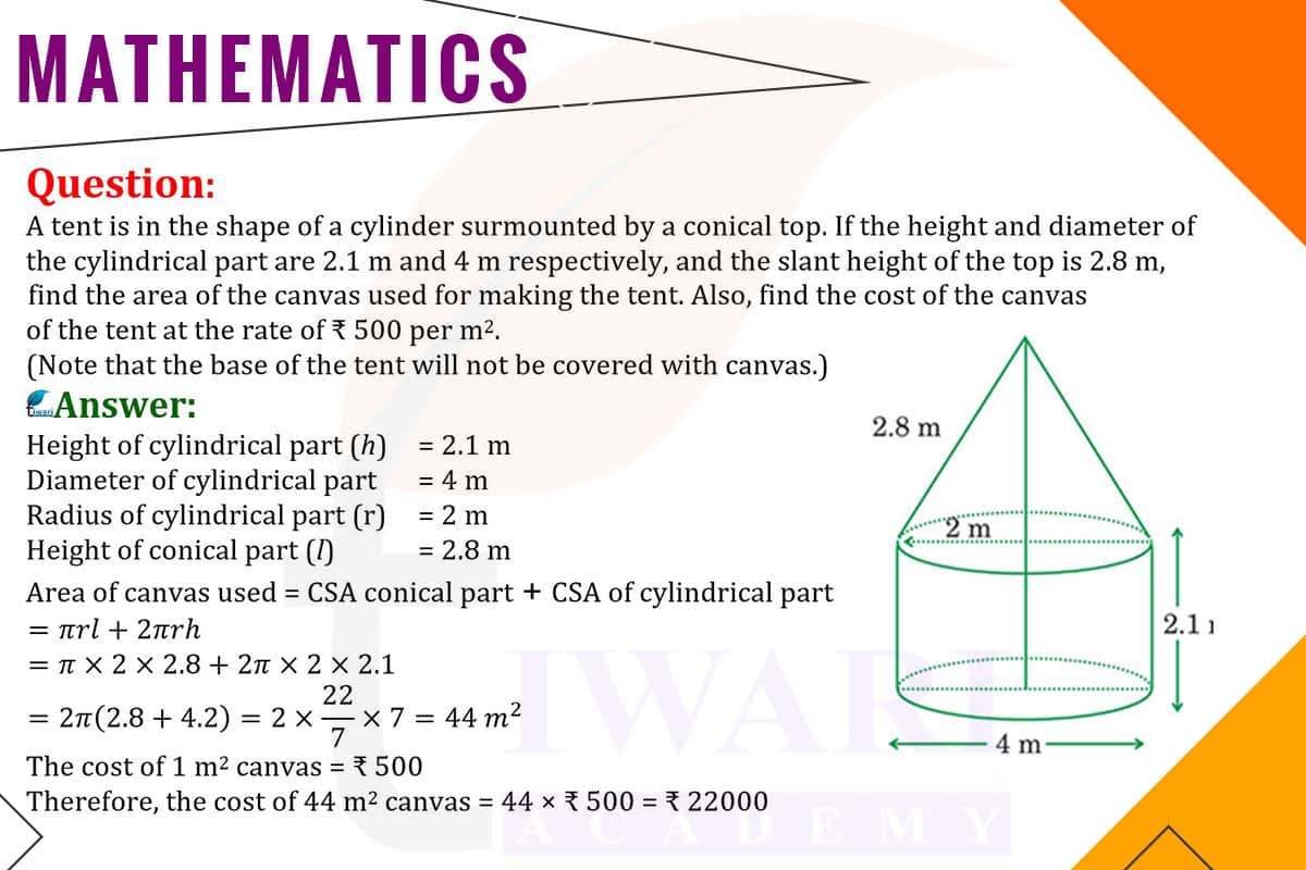 A tent is in the shape of a cylinder surmounted by a conical top. If the height and diameter of the cylindrical part are 2.1 m and 4 m respectively, and the slant height of the top is 2.8 m, find the area of the canvas used for making the tent. Also, find the cost of the canvas of the tent at the rate of ₹500/m².