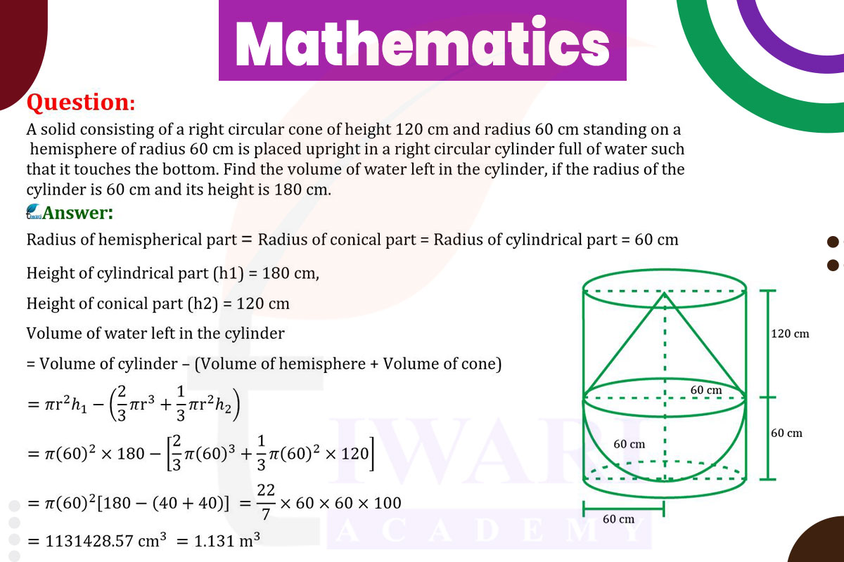 A solid consisting of a right circular cone of height 120 cm and radius 60 cm standing on a hemisphere of radius 60 cm is placed upright in a right circular cylinder full of water such that it touches the bottom. Find the volume of water left in the cylinder, if the radius of the cylinder is 60 cm?