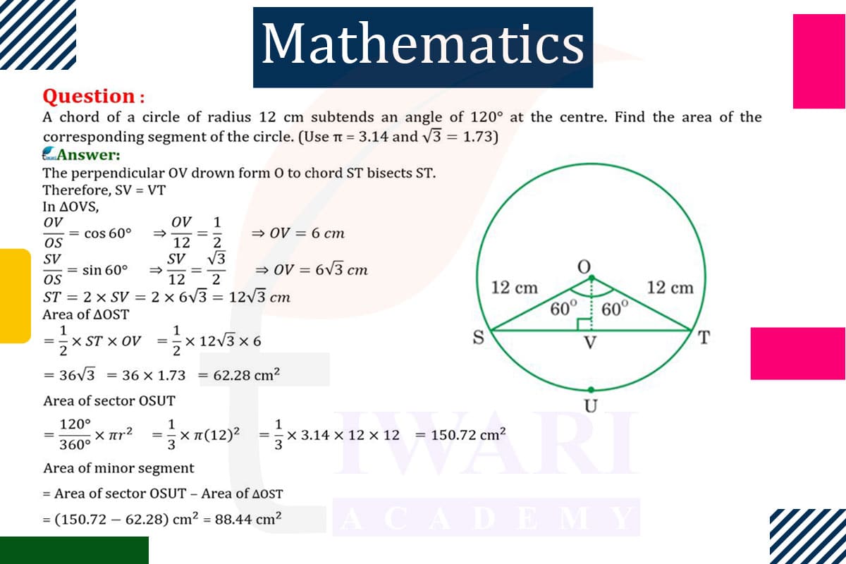 A chord of a circle of radius 12 cm subtends an angle of 120° at the centre. Find the area of the corresponding segment of the circle.