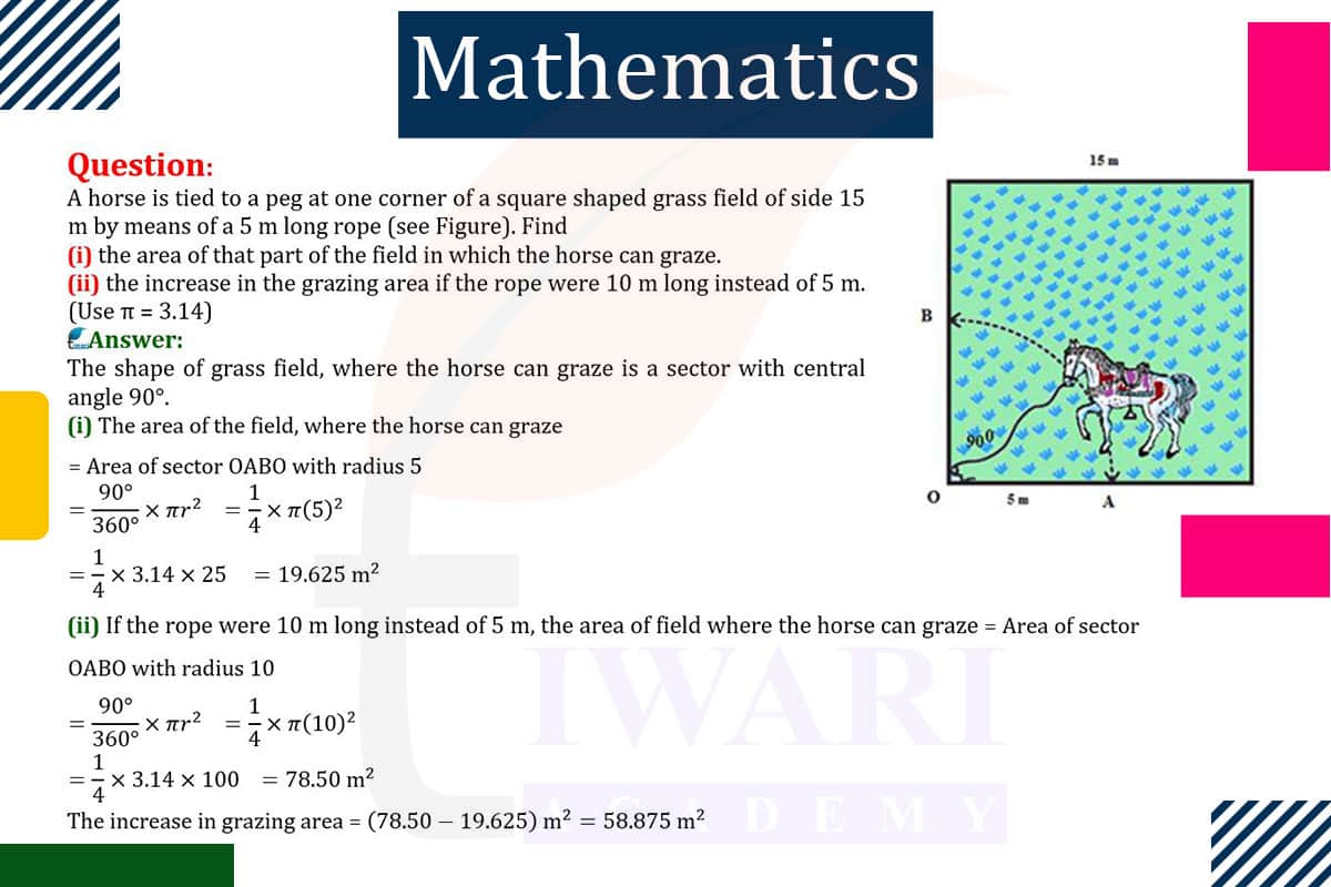 A horse is tied to a peg at one corner of a square shaped grass field of side 15 m by means of a 5 m long rope. Find (i) the area of that part of the field in which the horse can graze. (ii) the increase in the grazing area if the rope were 10 m long instead of 5 m.