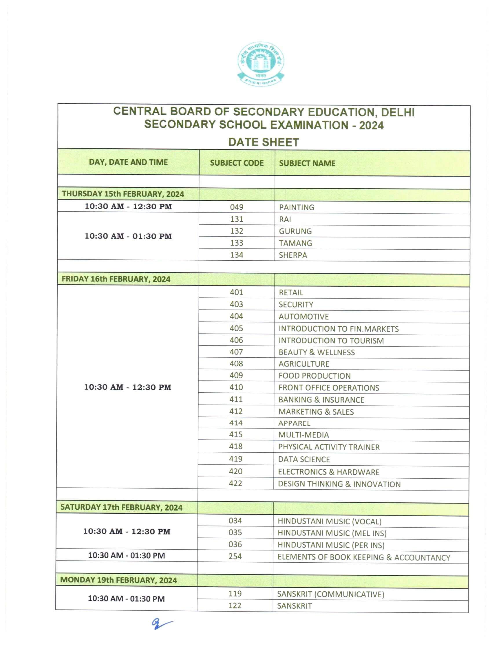 CBSE Date Sheet for Class 10 Board Exams 2024