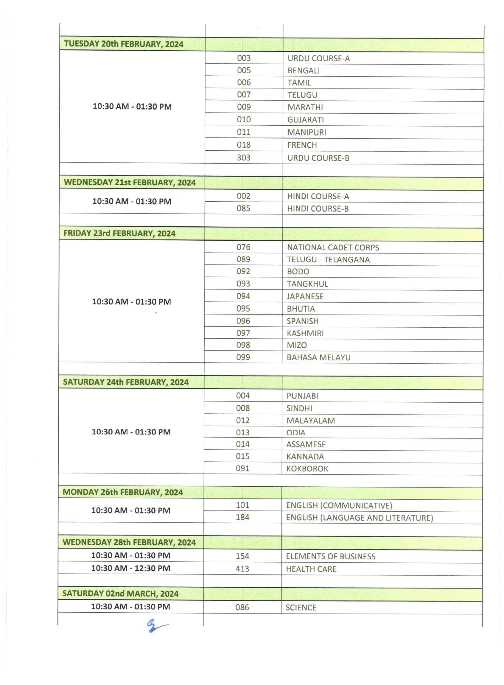 CBSE Date Sheet for Class 10 Exams 2024