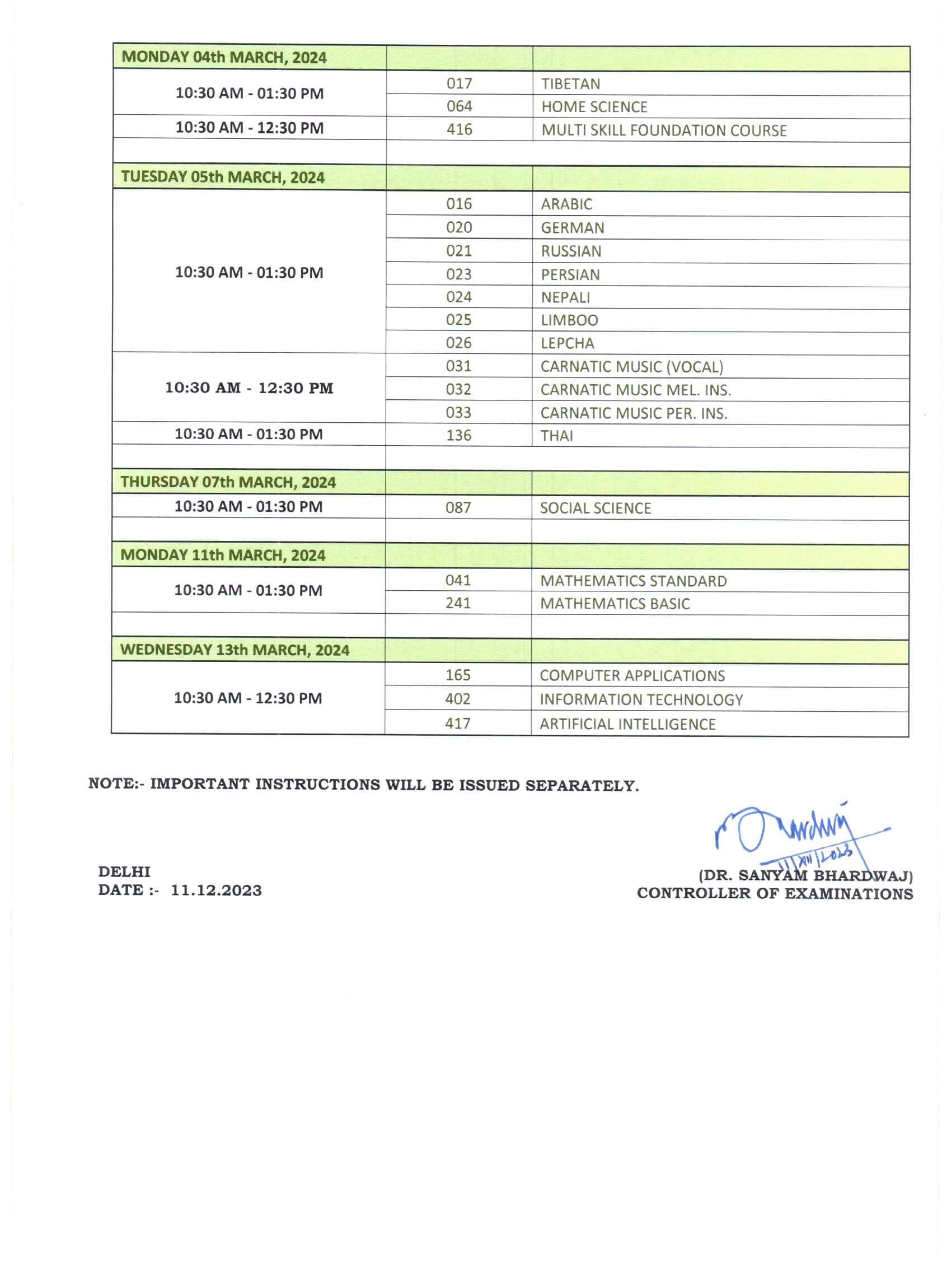 CBSE Date Sheet for Class 10 Board Exams 2024-25