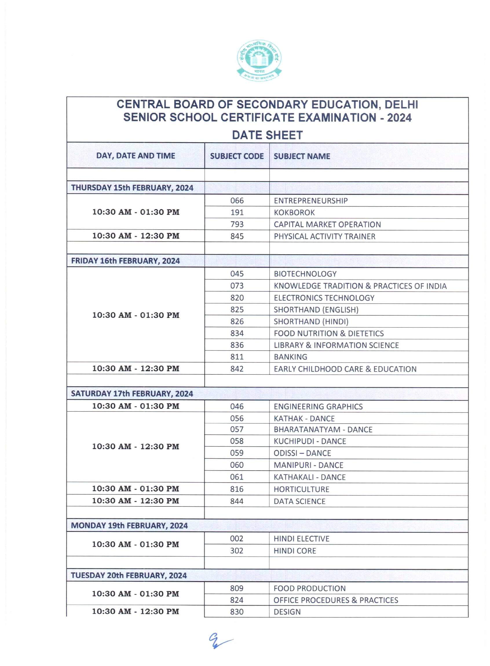 CBSE Date Sheet for Class 12 Board Exams 2024