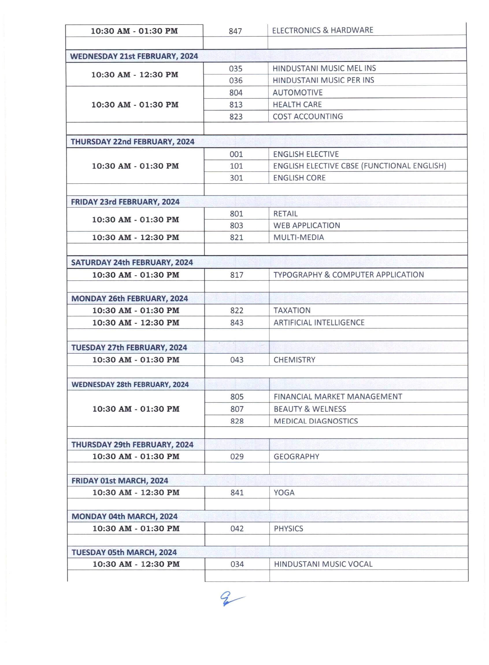 CBSE Date Sheet for Class 12th Board Exams 2024