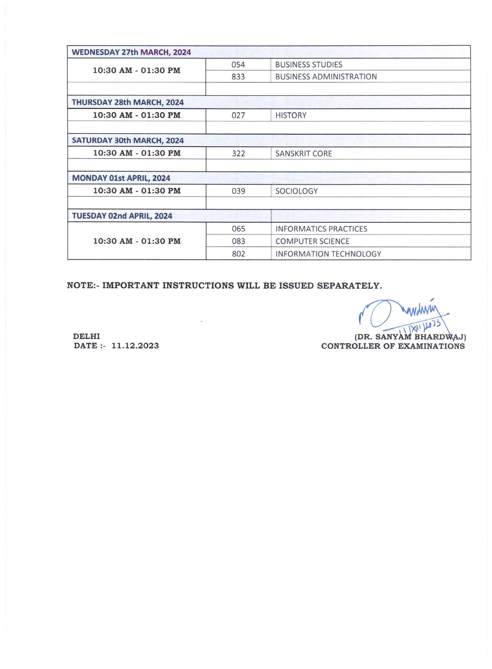 CBSE Date Sheet for Class 12 Board Exams 2024 download