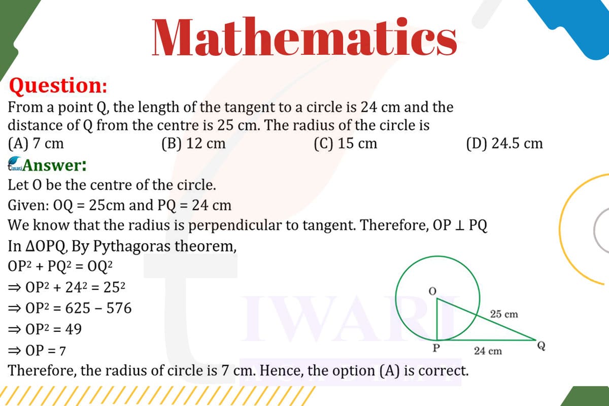 From a point Q, the length of the tangent to a circle is 24 cm and the distance of Q from the centre is 25 cm. The radius of the circle is (A) 7 cm (B) 12 cm (C) 15 cm (D) 24.5 cm?