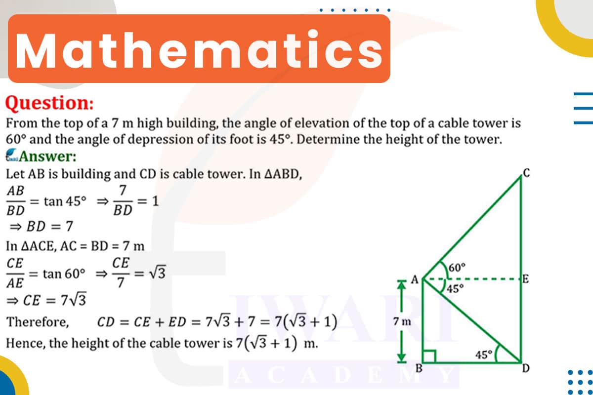 From the top of a 7 m high building, the angle of elevation of the top of a cable tower is 60° and the angle of depression of its foot is 45°. Determine the height of tower.