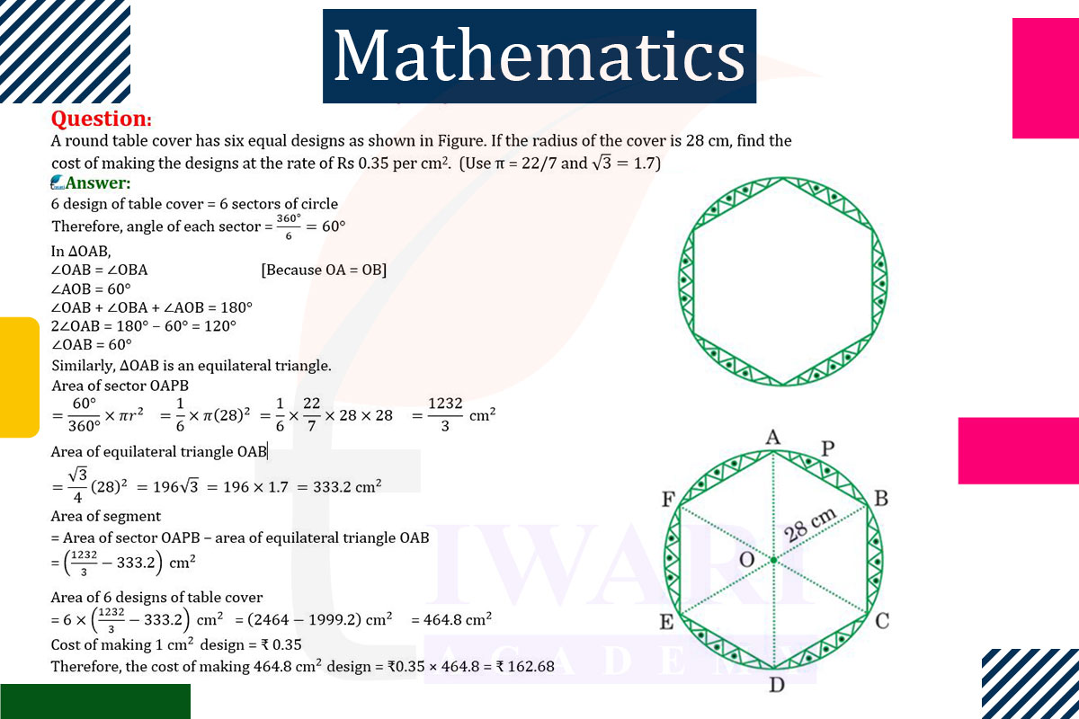 A round table cover has six equal designs. If the radius of the cover is 28 cm, find the cost of making the designs at the rate of ₹0.35 per cm².