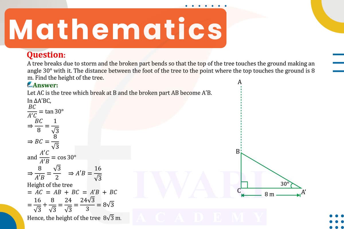 A tree breaks due to storm and the broken part bends so that the top of the tree touches the ground making an angle 30° with it. The distance between the foot of the tree to the point where the top touches the ground is 8 m. Find the height of tree.