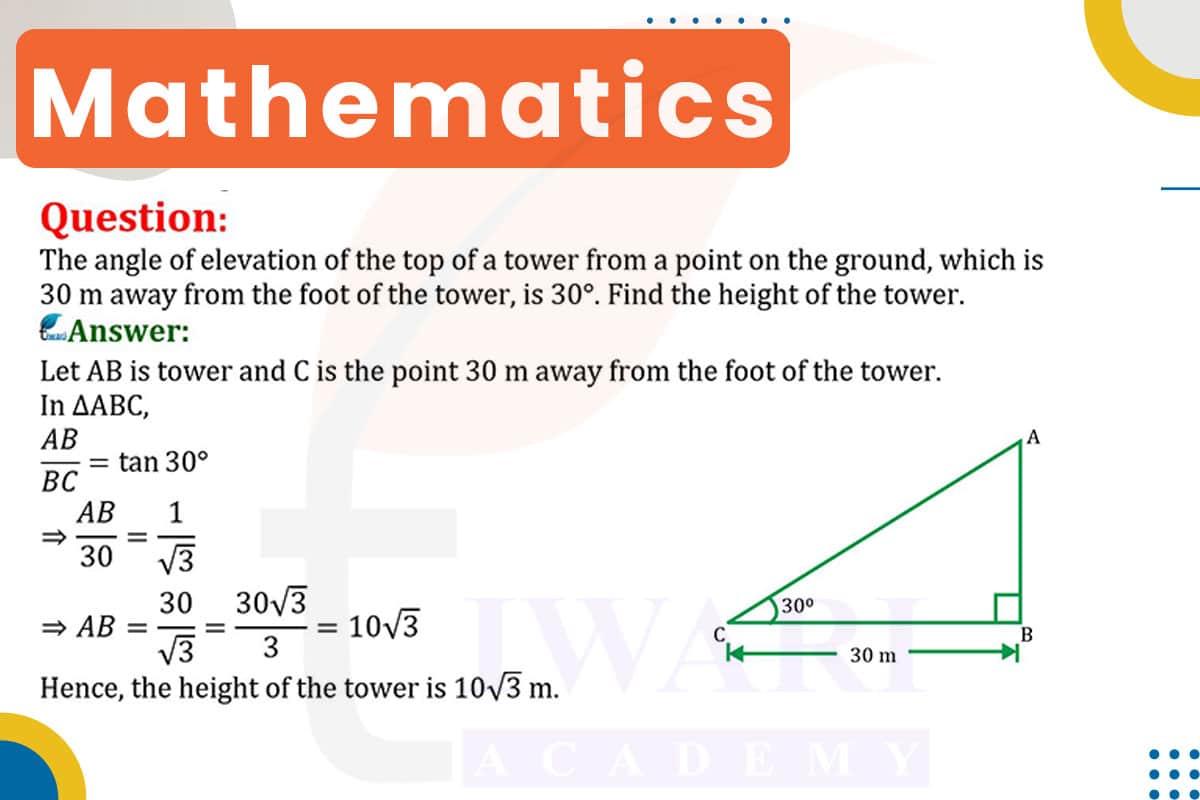 The angle of elevation of the top of a tower from a point on the ground, which is 30 m away from the foot of the tower, is 30°. Find the height of tower.