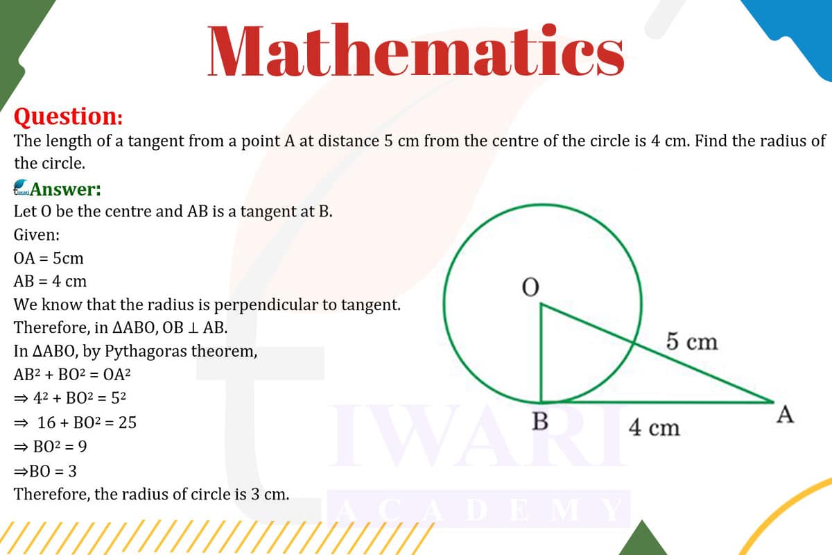 The length of a tangent from a point A at distance 5 cm from the centre of the circle is 4 cm. Find the radius of circle.