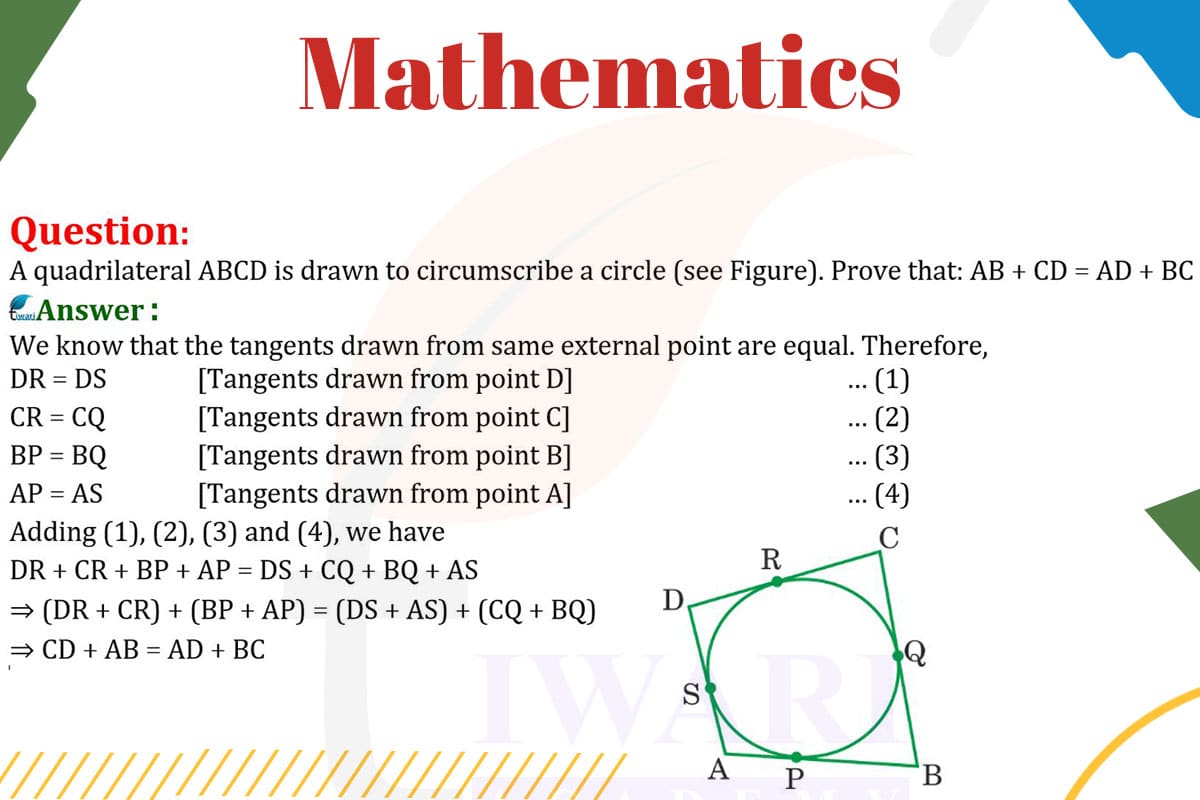 A quadrilateral ABCD is drawn to circumscribe a circle. Prove that AB + CD = AD + BC.