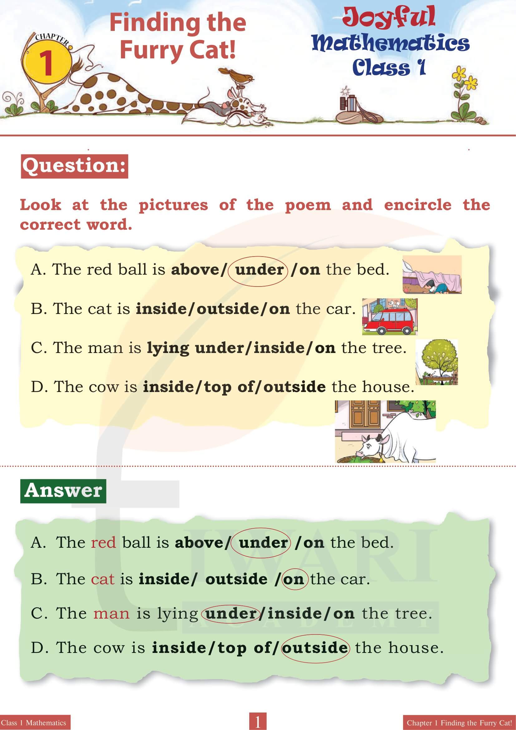 NCERT Solutions for Class 1 Maths Chapter 1 Finding the Furry Cat