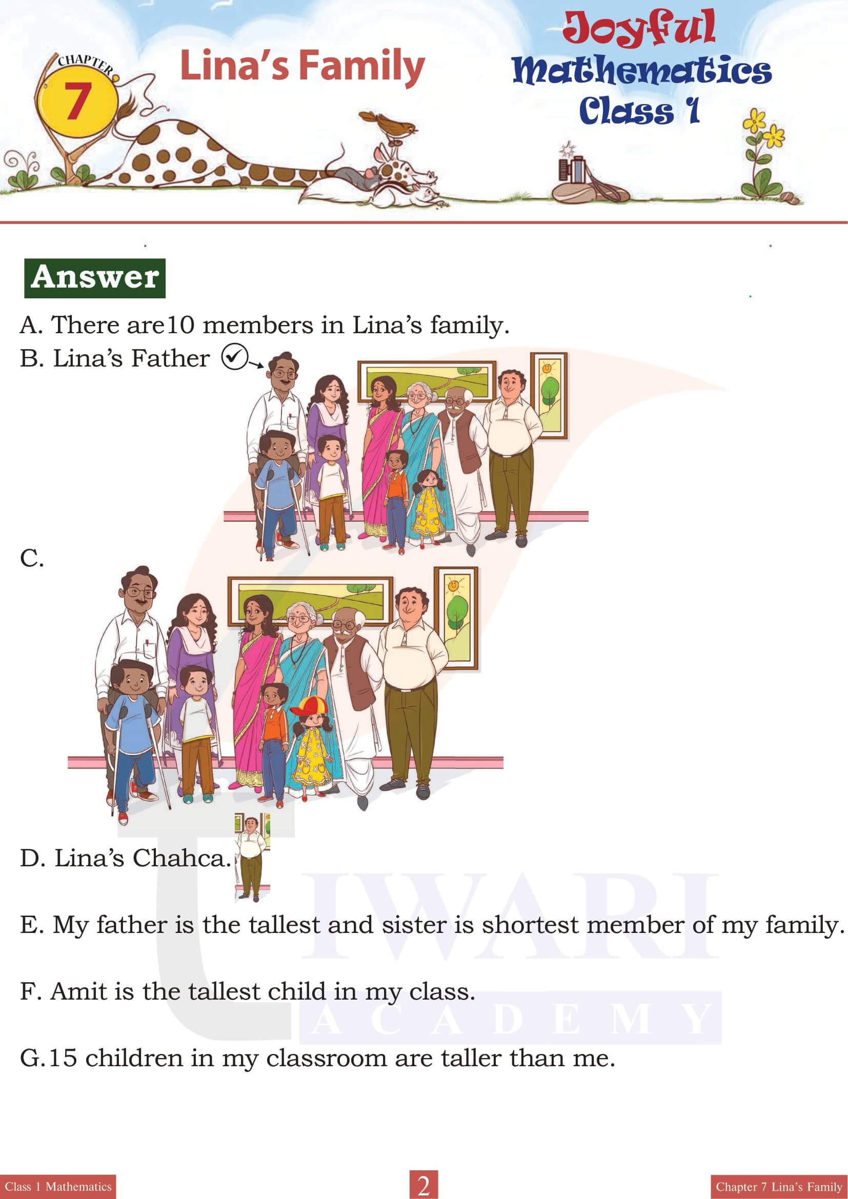 NCERT Class 1 Maths Joyful Chapter 7 Lina’s Family