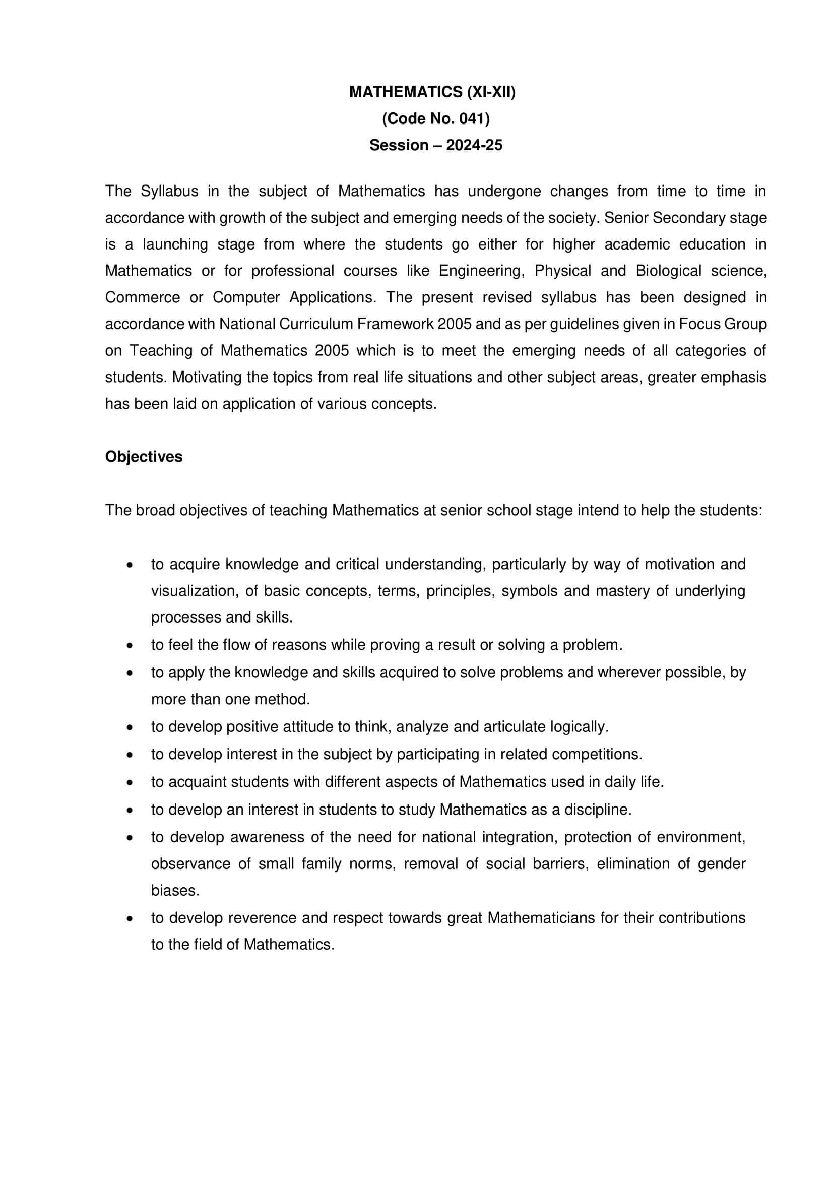 CBSE Syllabus for Class 11 Maths