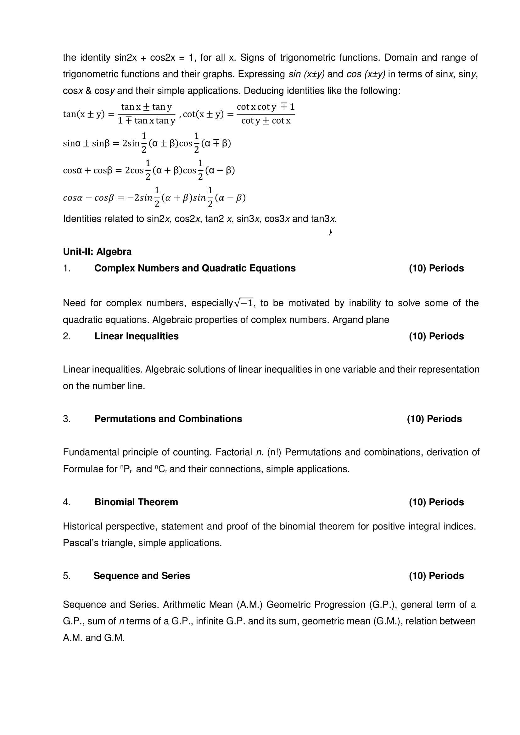 CBSE Syllabus for Class 11 Maths revised for 2024-2025